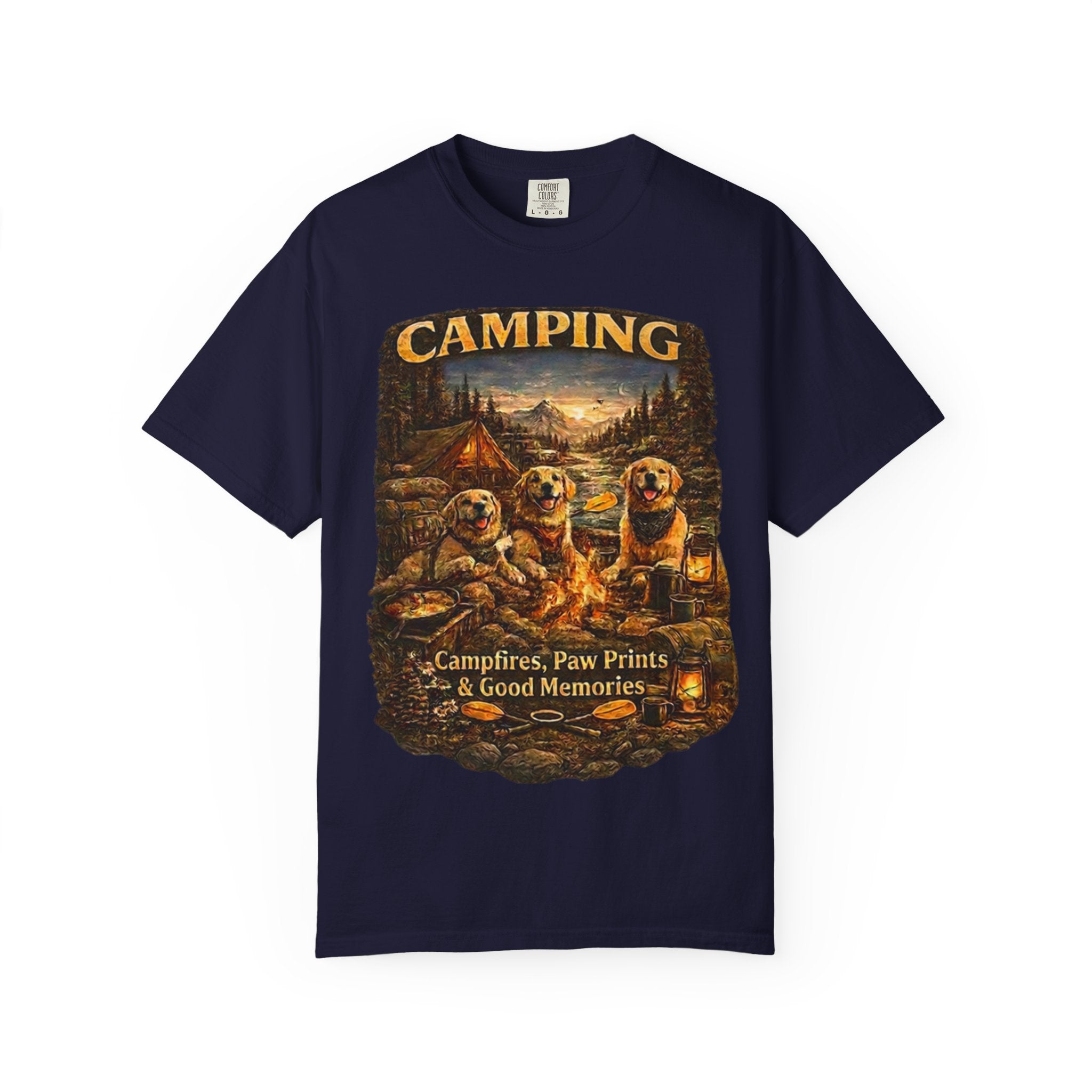 Camping With My Pack T-Shirt| Golden Retriever Camping Dog shirt | Campfires paw prints & Good memories Tee| Dog Lover outdoor