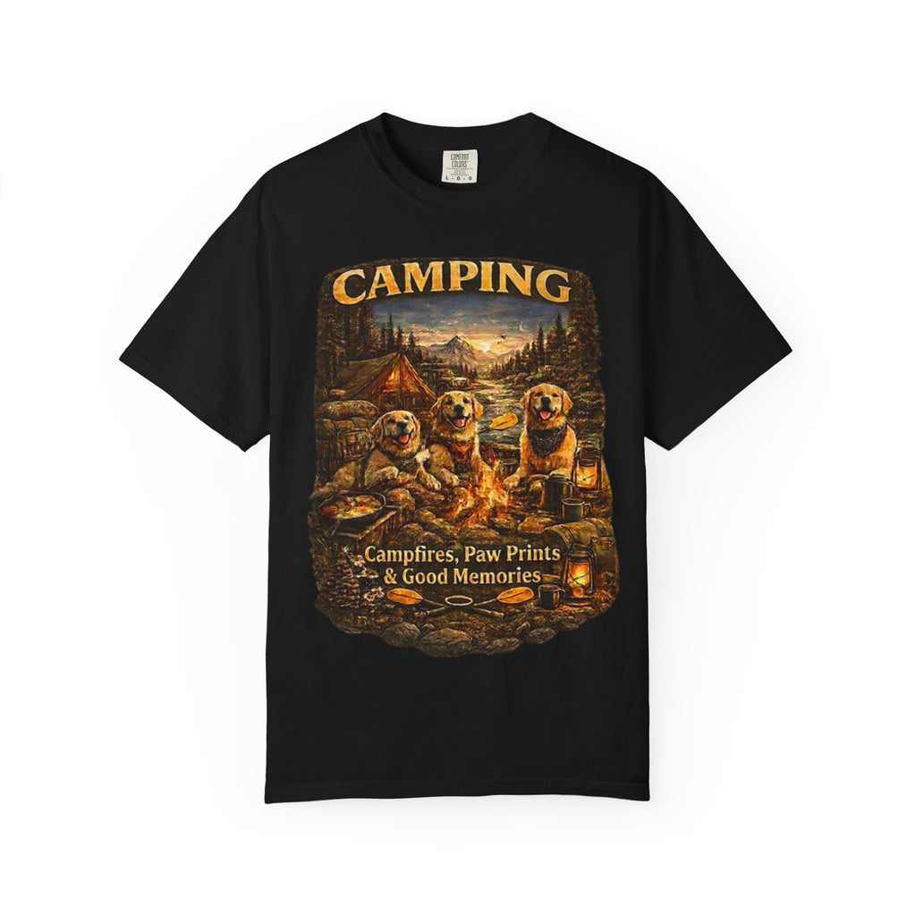 Camping With My Pack T-Shirt| Golden Retriever Camping Dog shirt | Campfires paw prints & Good memories Tee| Dog Lover outdoor