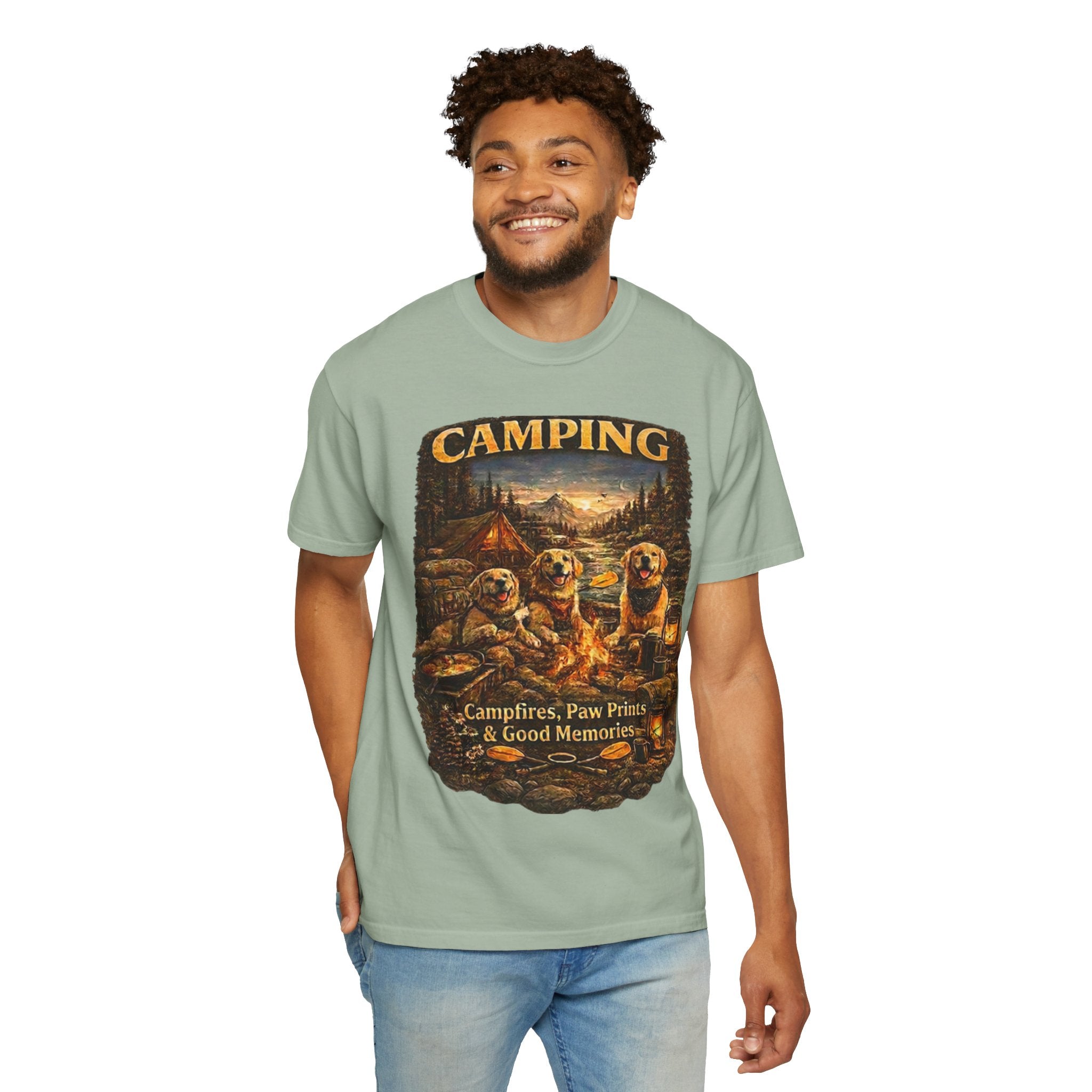 Camping With My Pack T-Shirt| Golden Retriever Camping Dog shirt | Campfires paw prints & Good memories Tee| Dog Lover outdoor