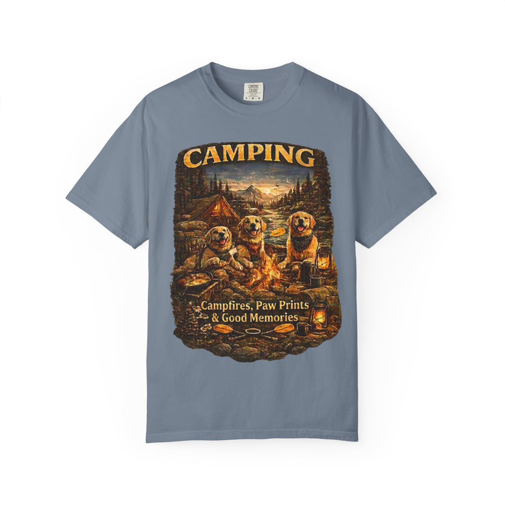 Camping With My Pack T-Shirt| Golden Retriever Camping Dog shirt | Campfires paw prints & Good memories Tee| Dog Lover outdoor