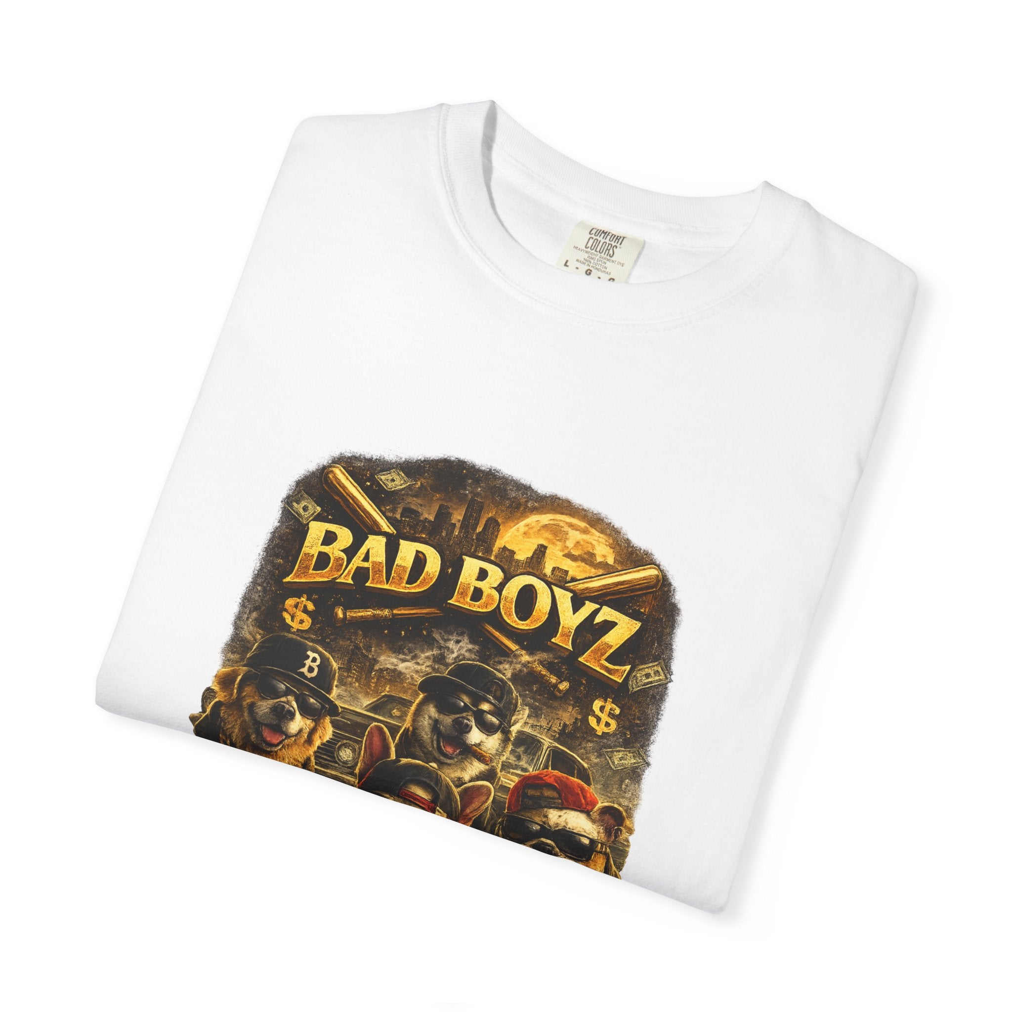 Bad Boyz Funny  Dog  Graphic T-Shirt — Retro Hip-Hop dog design |Hip Hop puppy streetwear| Uban Dog lover gift.