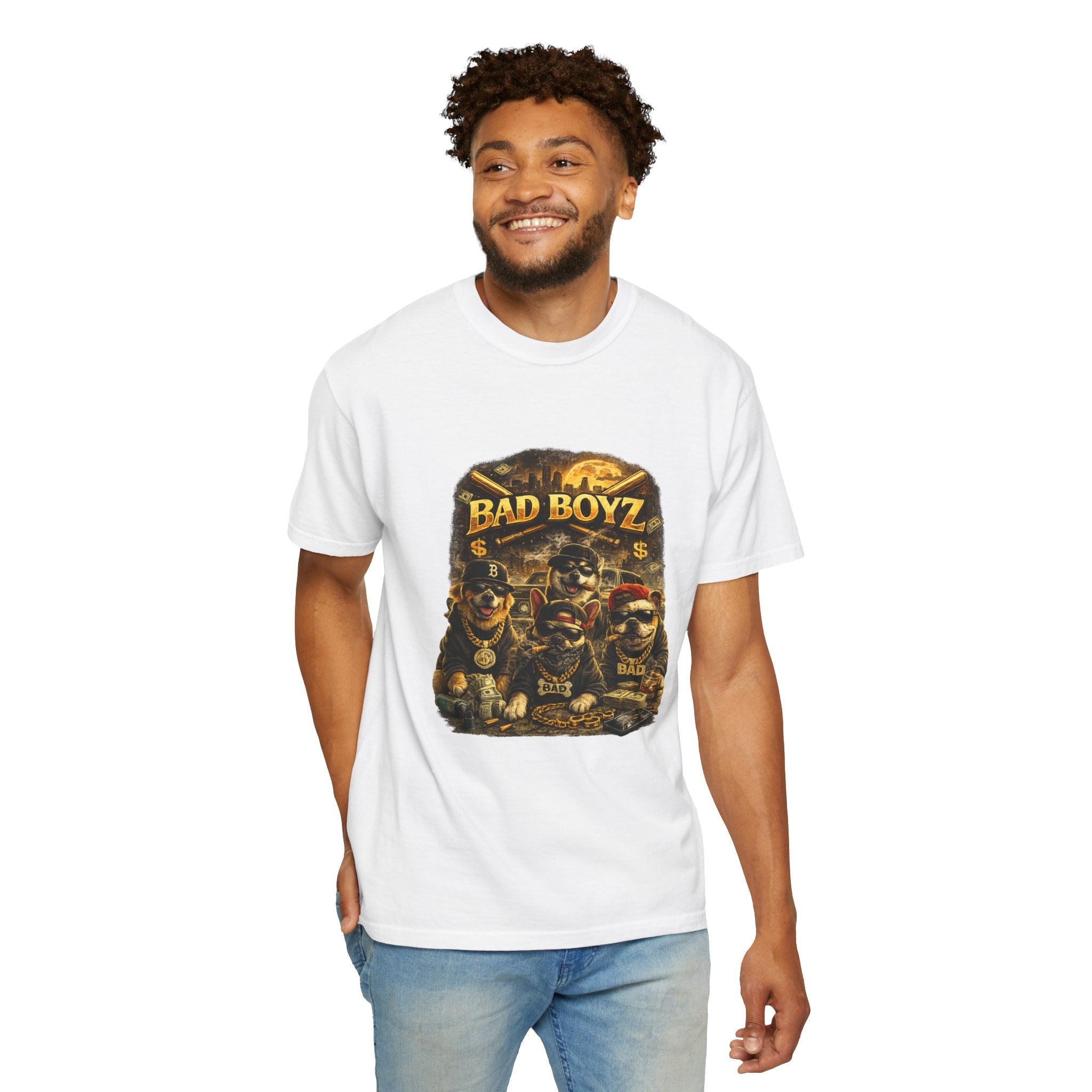 Bad Boyz Funny  Dog  Graphic T-Shirt — Retro Hip-Hop dog design |Hip Hop puppy streetwear| Uban Dog lover gift.