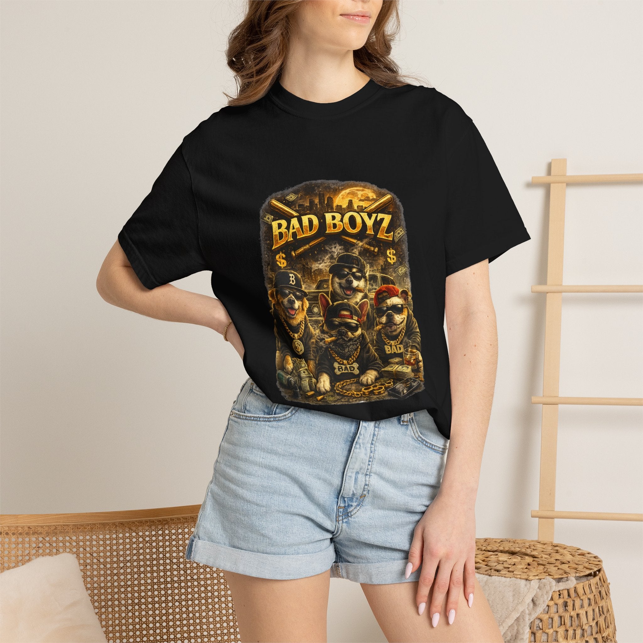 Bad Boyz Funny  Dog  Graphic T-Shirt — Retro Hip-Hop dog design |Hip Hop puppy streetwear| Uban Dog lover gift.