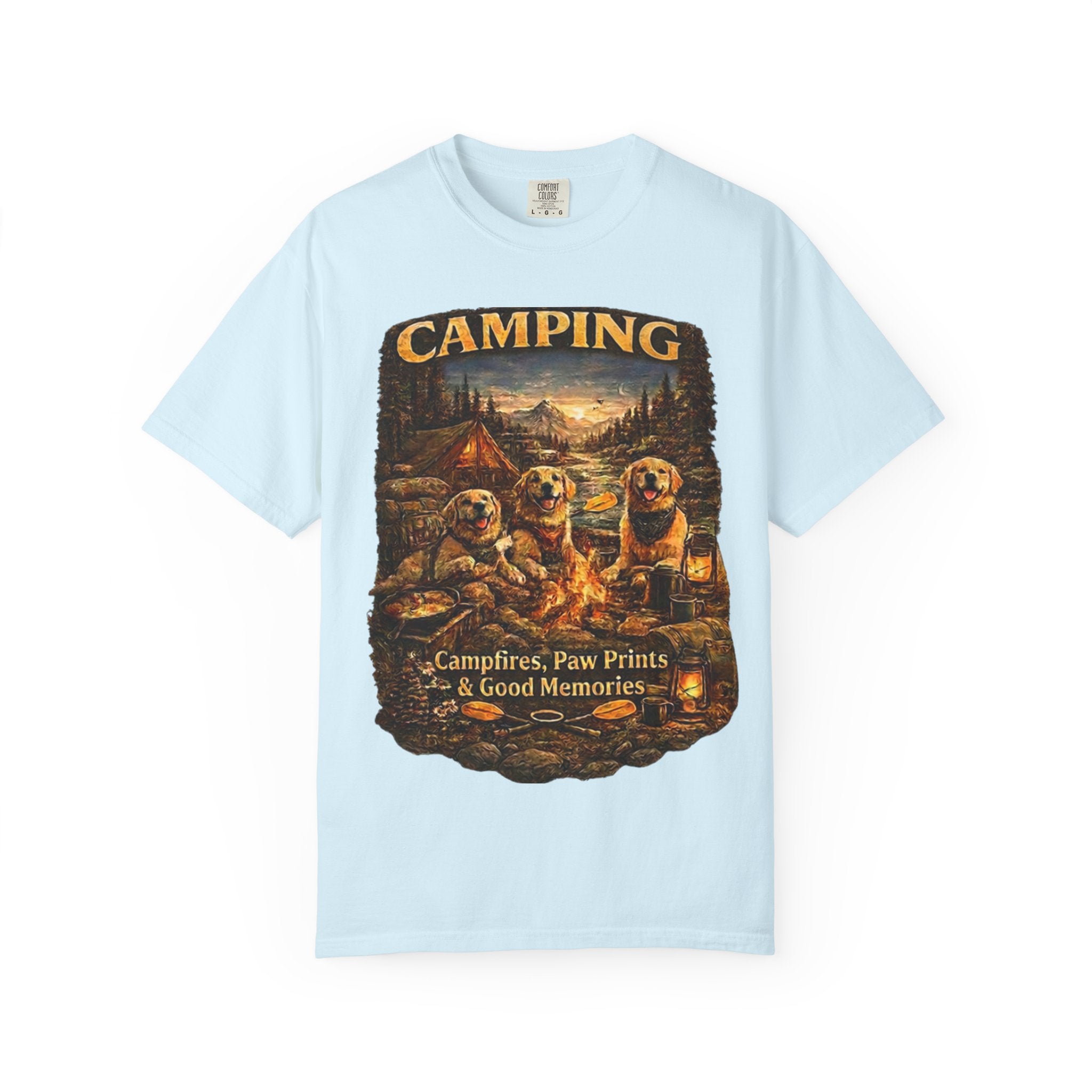 Camping With My Pack T-Shirt| Golden Retriever Camping Dog shirt | Campfires paw prints & Good memories Tee| Dog Lover outdoor