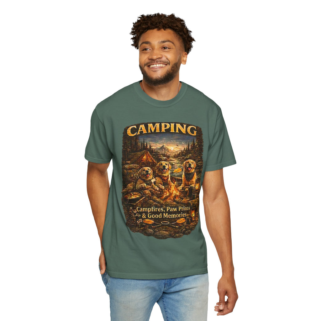 Camping With My Pack T-Shirt| Golden Retriever Camping Dog shirt | Campfires paw prints & Good memories Tee| Dog Lover outdoor