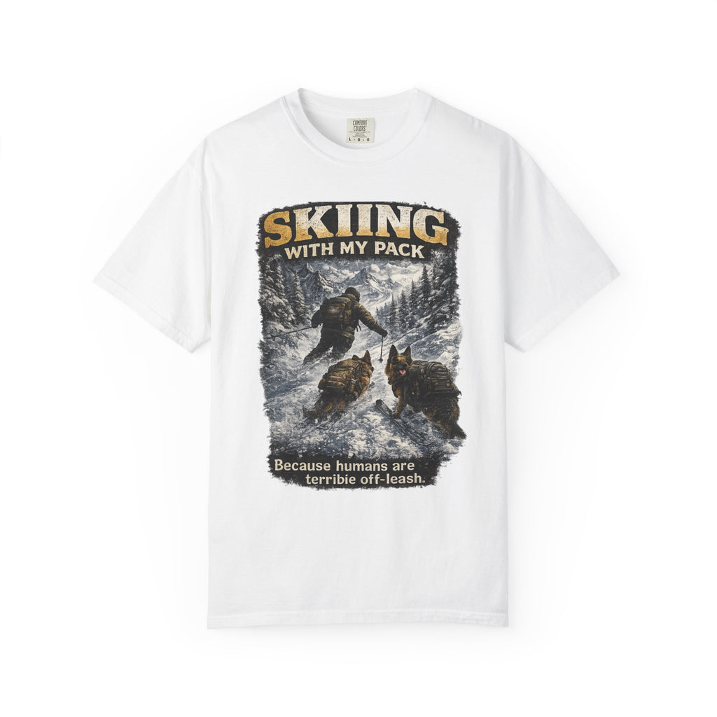 Cold Halo Skiing with My Pack T-Shirt| funny Dog lover ski Tee| Adventure Dog graphic shirt.
