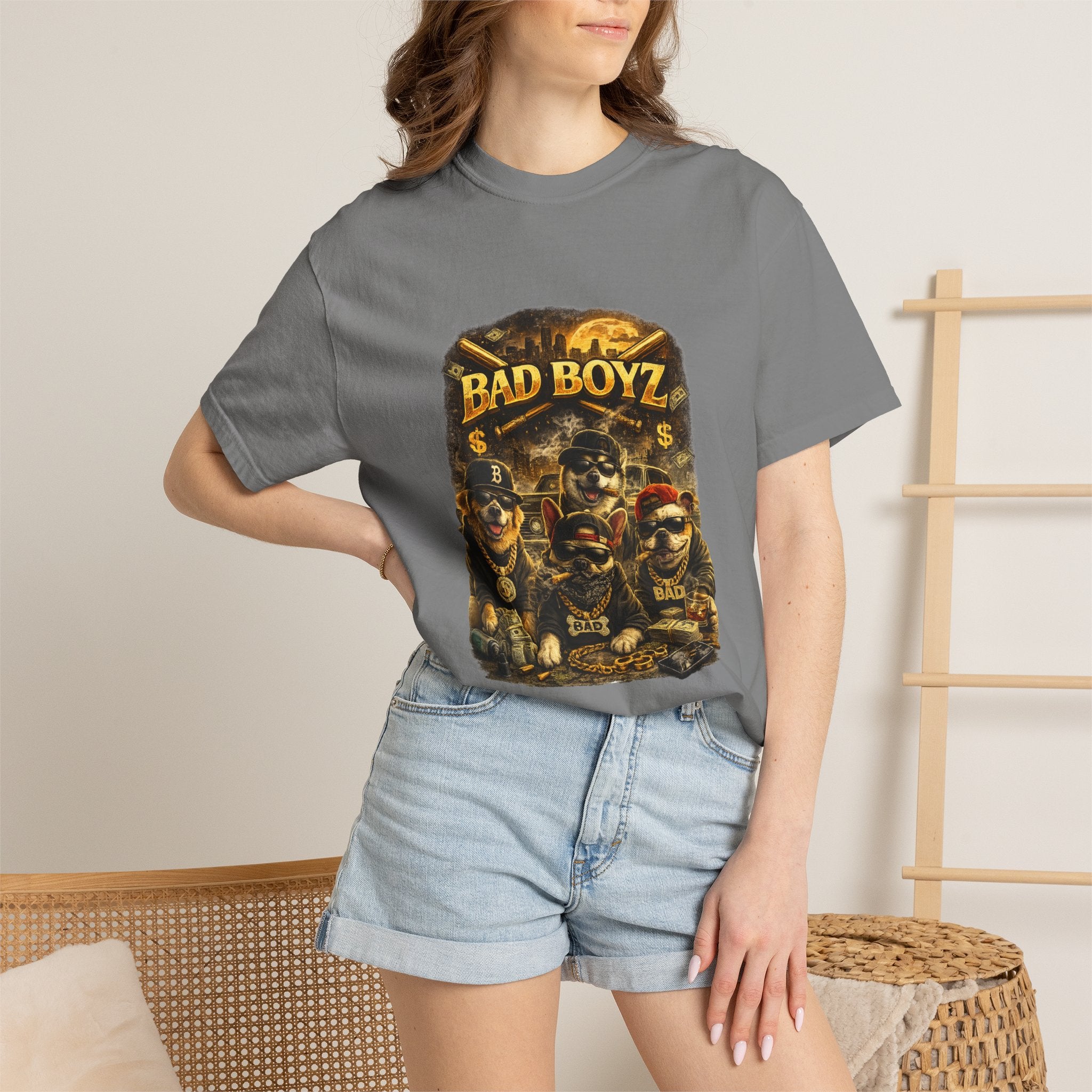 Bad Boyz Funny  Dog  Graphic T-Shirt — Retro Hip-Hop dog design |Hip Hop puppy streetwear| Uban Dog lover gift.