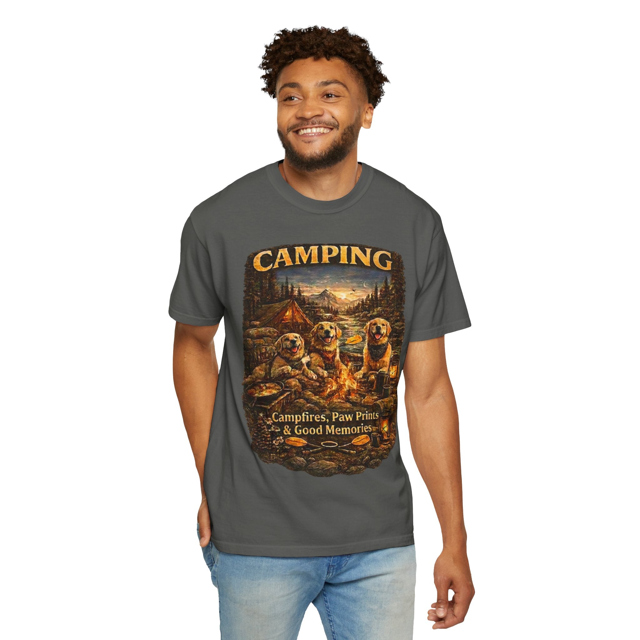 Camping With My Pack T-Shirt| Golden Retriever Camping Dog shirt | Campfires paw prints & Good memories Tee| Dog Lover outdoor