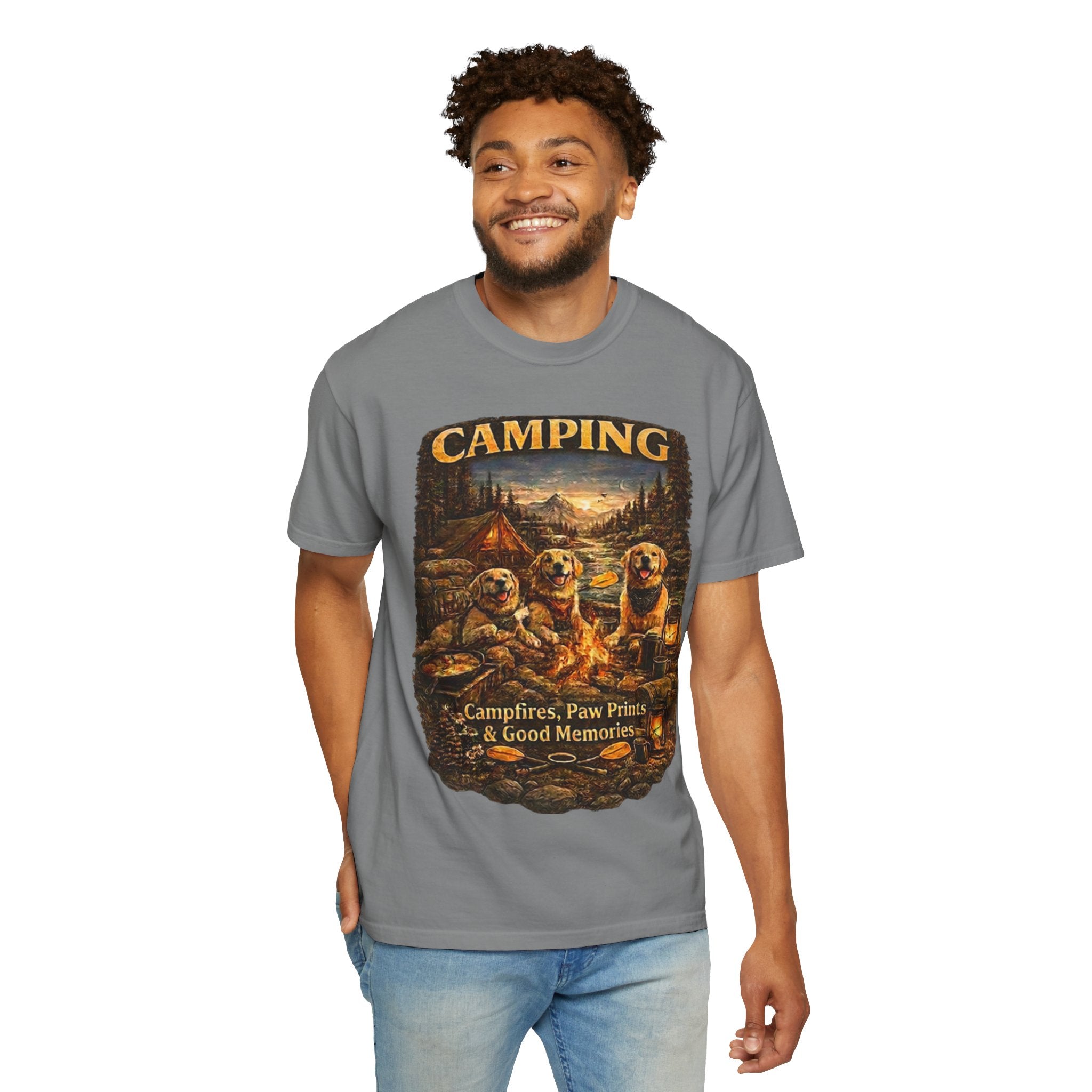 Camping With My Pack T-Shirt| Golden Retriever Camping Dog shirt | Campfires paw prints & Good memories Tee| Dog Lover outdoor