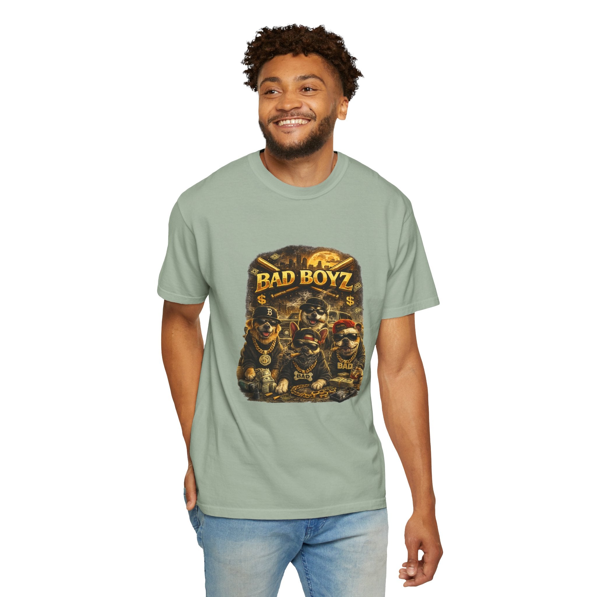 Bad Boyz Funny  Dog  Graphic T-Shirt — Retro Hip-Hop dog design |Hip Hop puppy streetwear| Uban Dog lover gift.