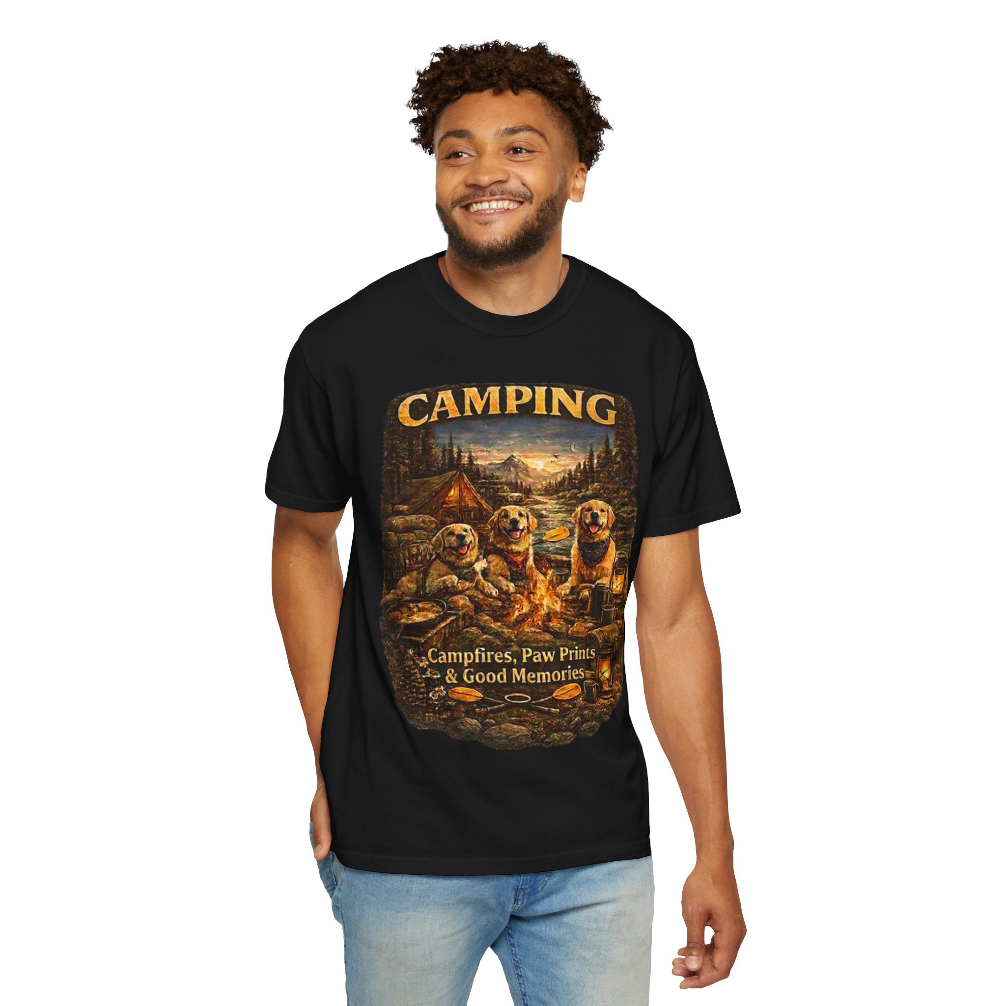 Camping With My Pack T-Shirt| Golden Retriever Camping Dog shirt | Campfires paw prints & Good memories Tee| Dog Lover outdoor