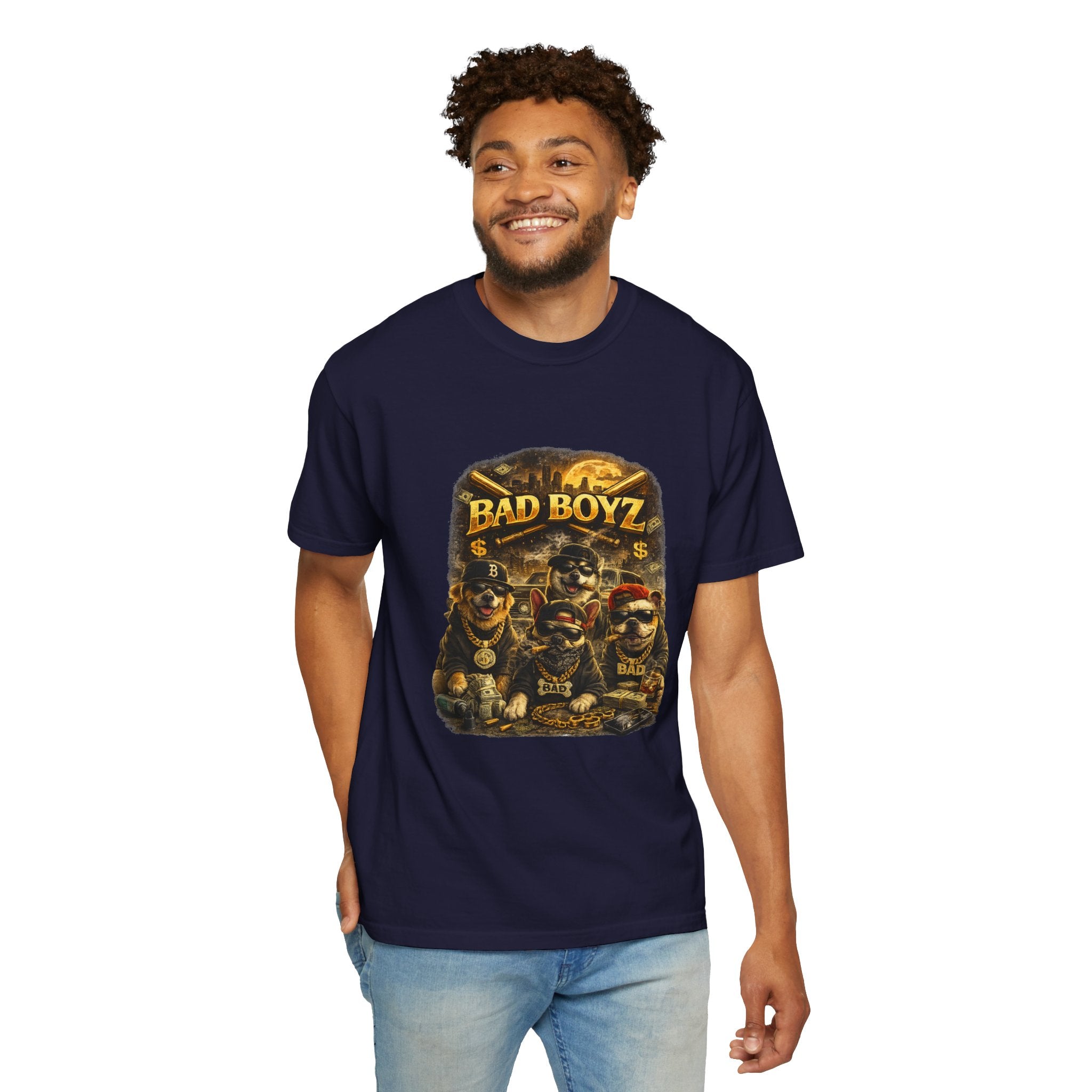 Bad Boyz Funny  Dog  Graphic T-Shirt — Retro Hip-Hop dog design |Hip Hop puppy streetwear| Uban Dog lover gift.