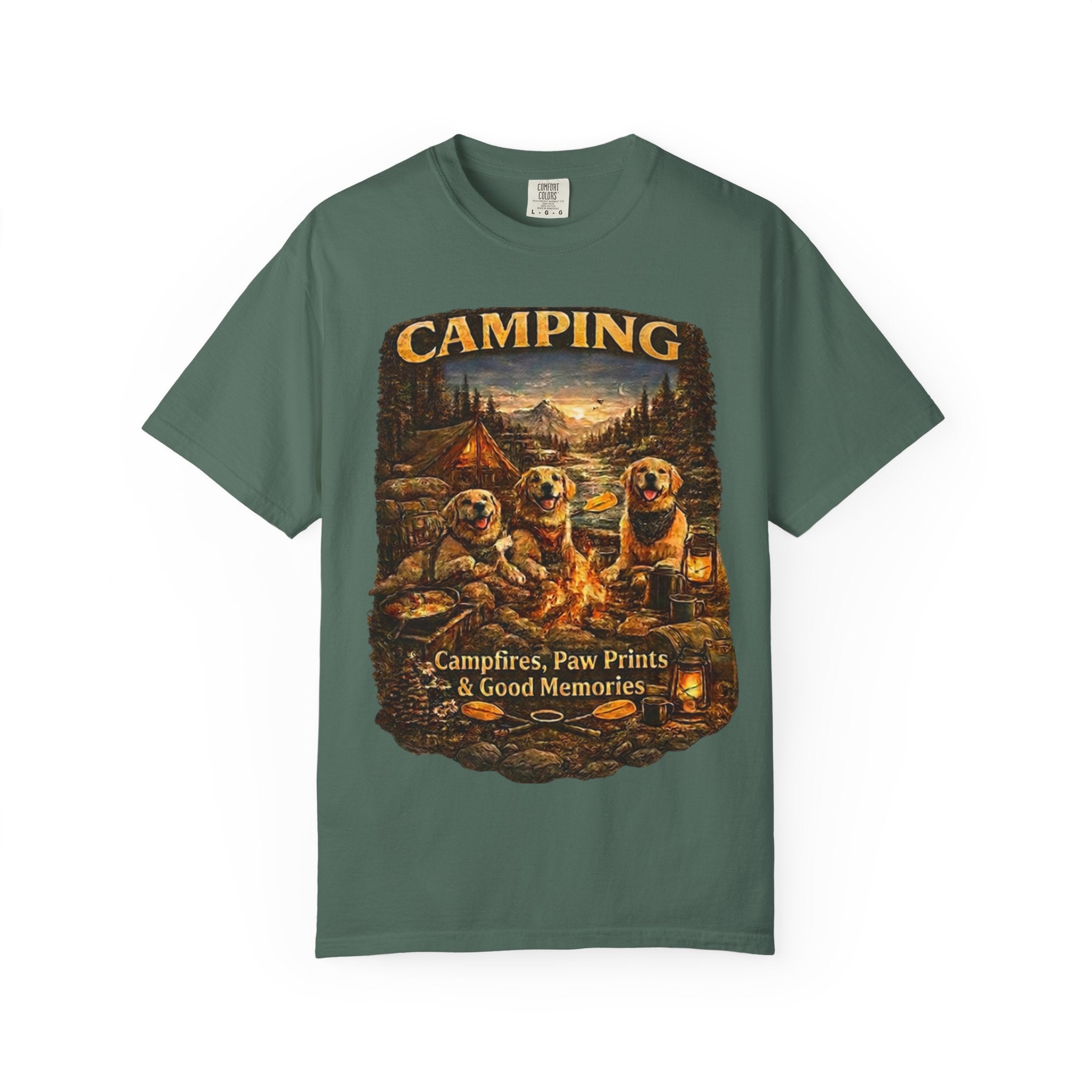 Camping With My Pack T-Shirt| Golden Retriever Camping Dog shirt | Campfires paw prints & Good memories Tee| Dog Lover outdoor