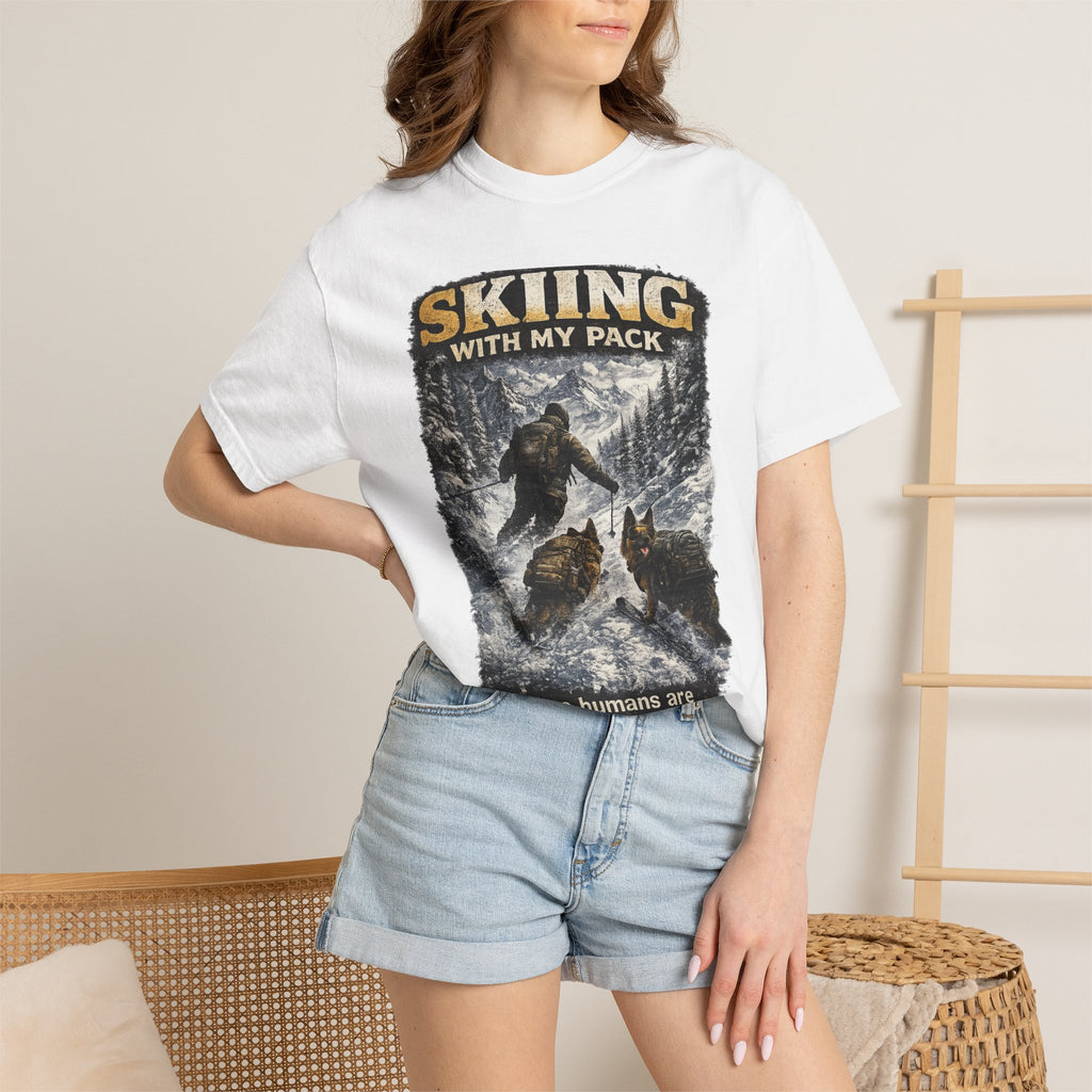 Cold Halo Skiing with My Pack T-Shirt| funny Dog lover ski Tee| Adventure Dog graphic shirt.