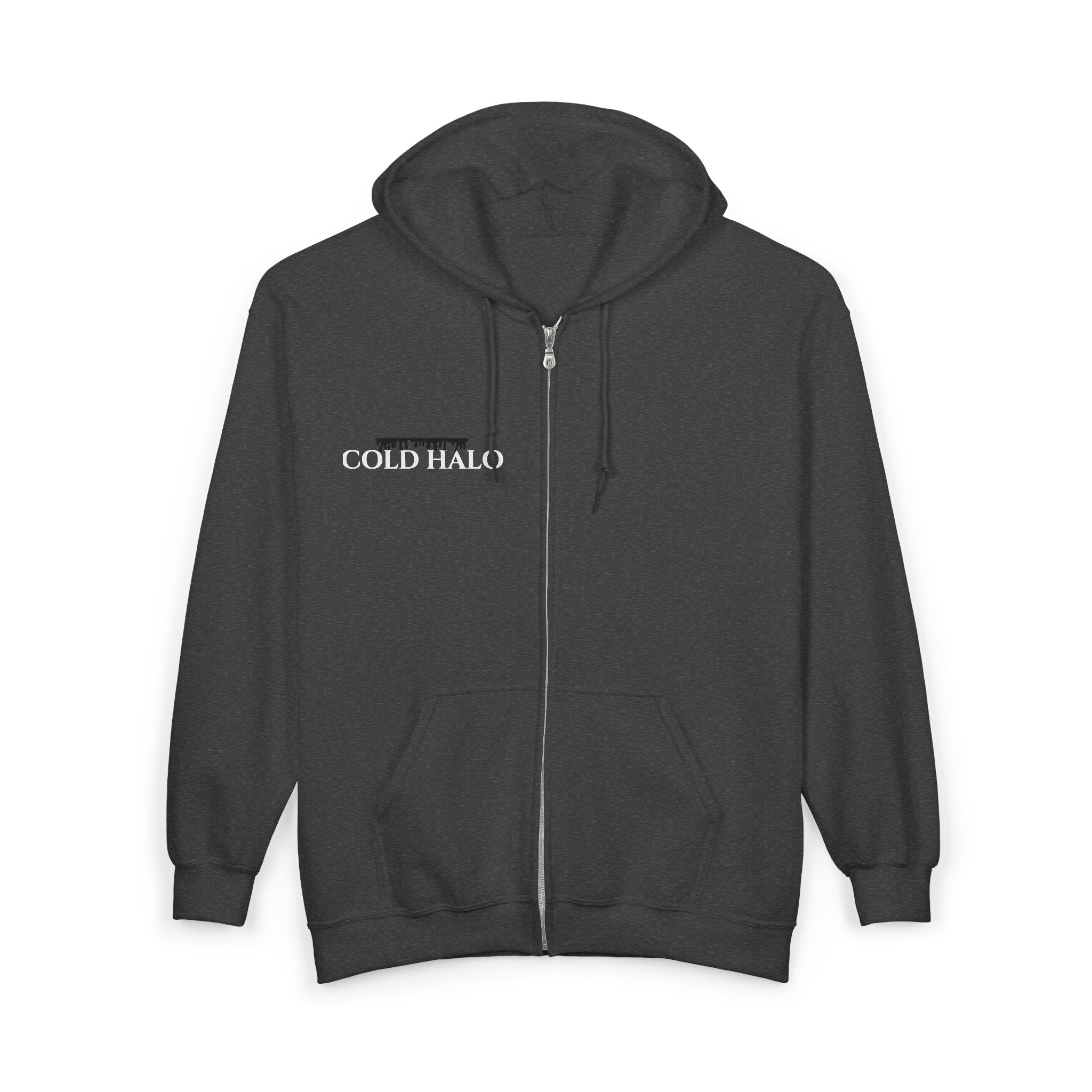 Cold Halo Zip Hoodie — Minimal Gothic Streetwear Full-Zip Sweatshirt