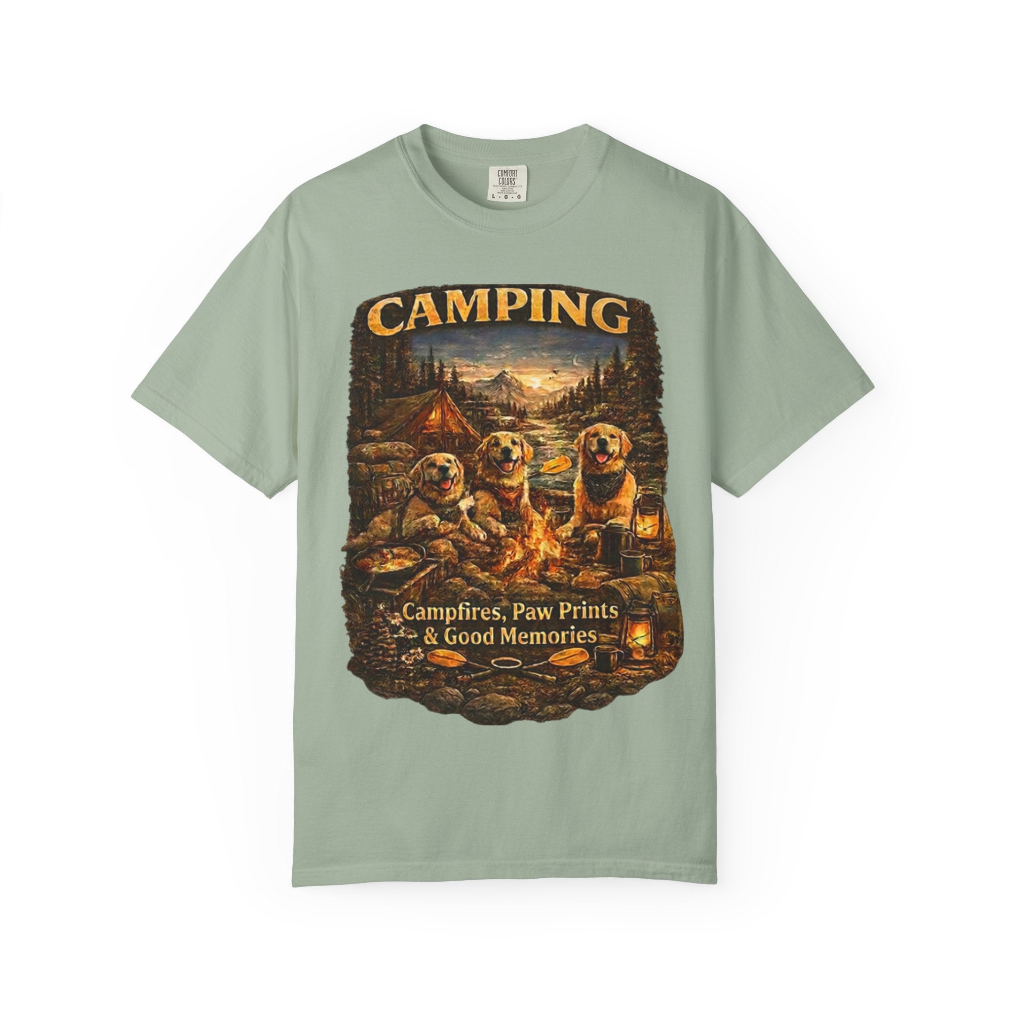 Camping With My Pack T-Shirt| Golden Retriever Camping Dog shirt | Campfires paw prints & Good memories Tee| Dog Lover outdoor