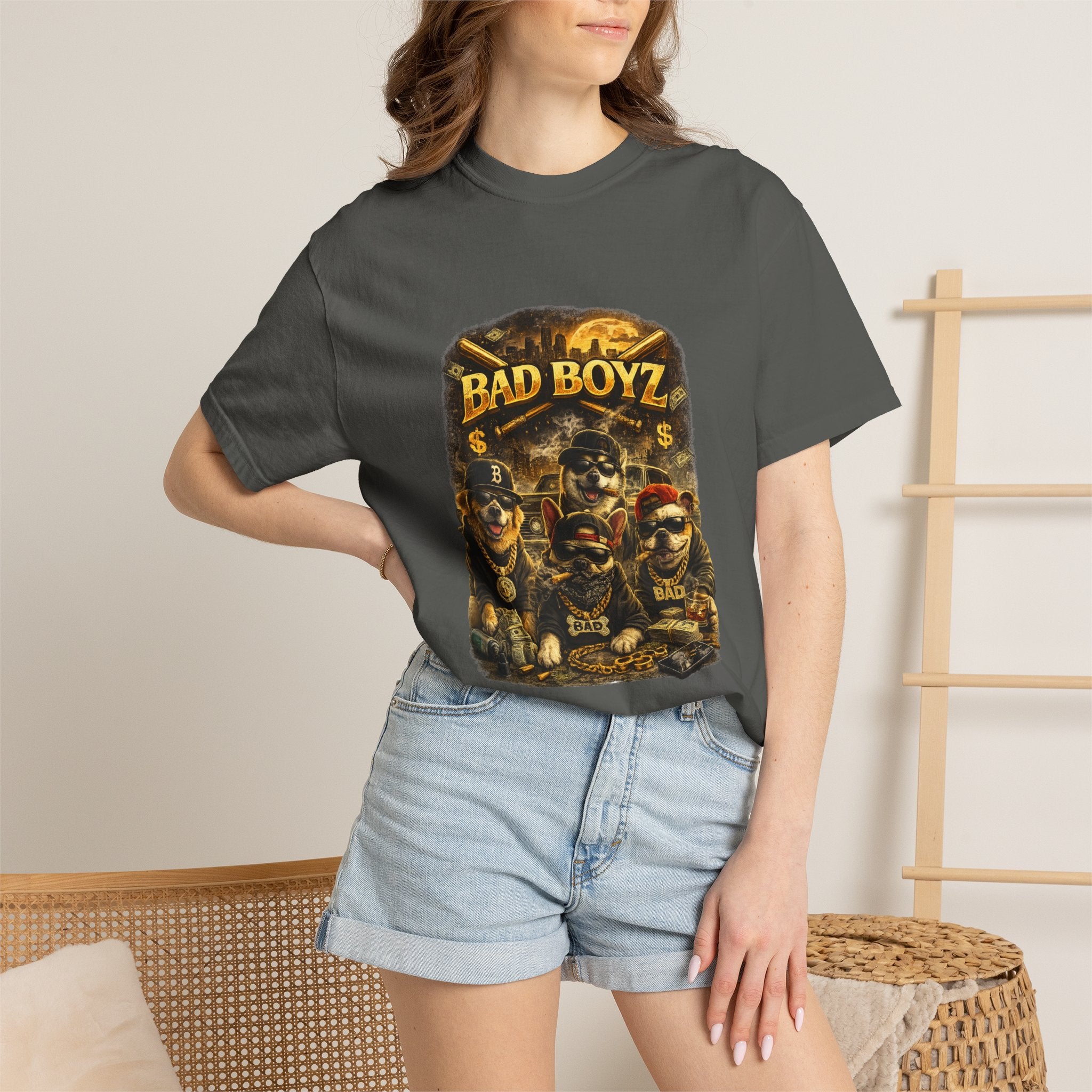 Bad Boyz Funny  Dog  Graphic T-Shirt — Retro Hip-Hop dog design |Hip Hop puppy streetwear| Uban Dog lover gift.