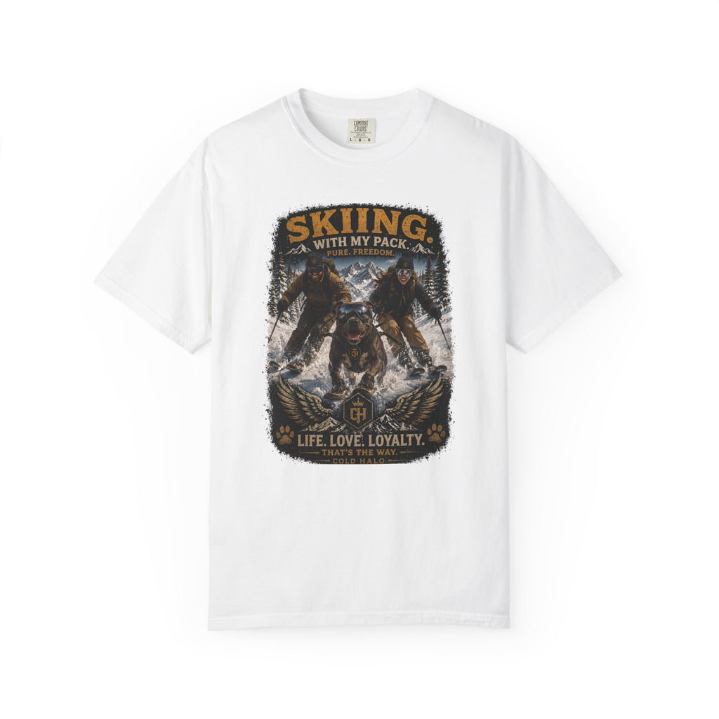 Skiing With My Pack T-Shirt — Life Love Loyalty Wolf Ski Tee