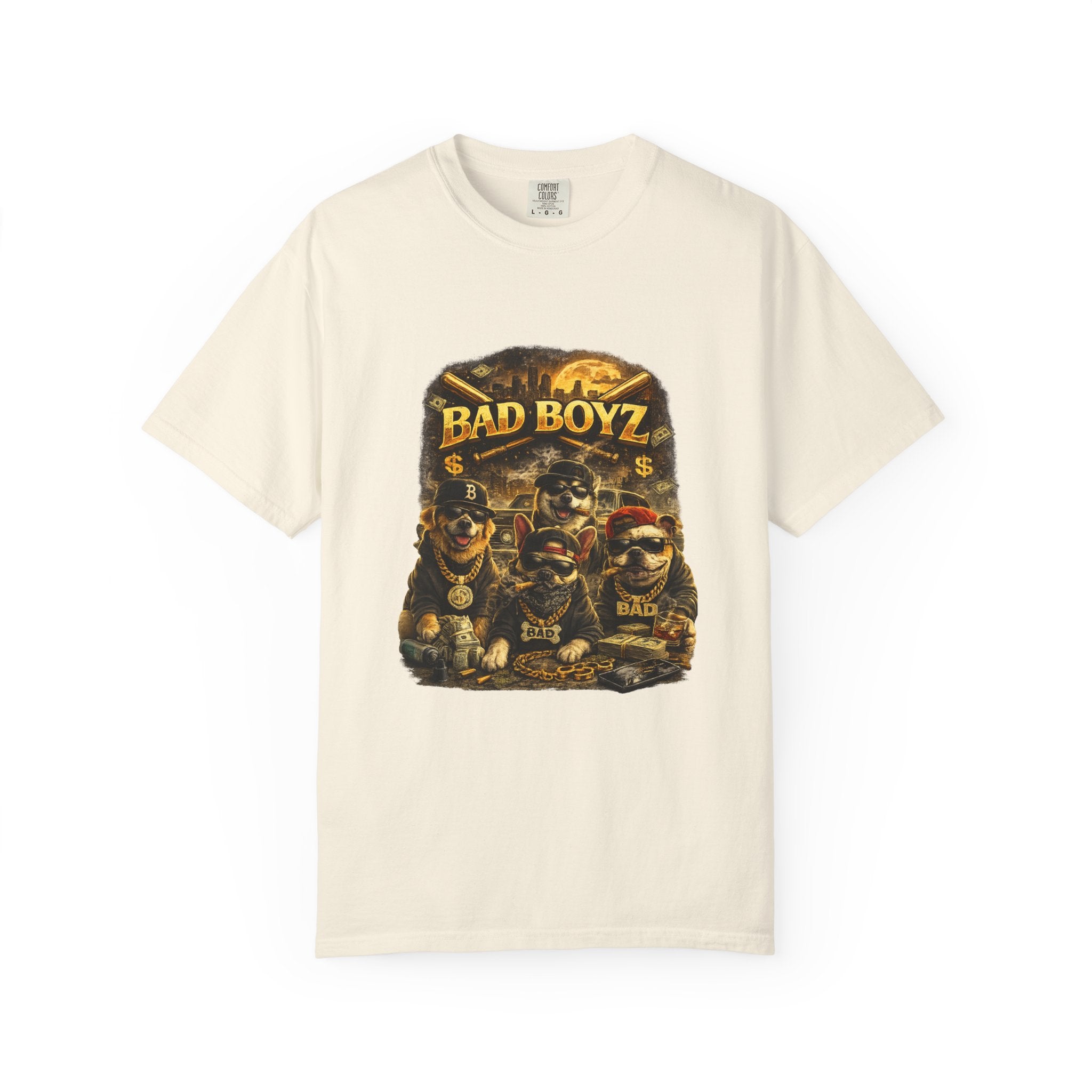 Bad Boyz Funny  Dog  Graphic T-Shirt — Retro Hip-Hop dog design |Hip Hop puppy streetwear| Uban Dog lover gift.