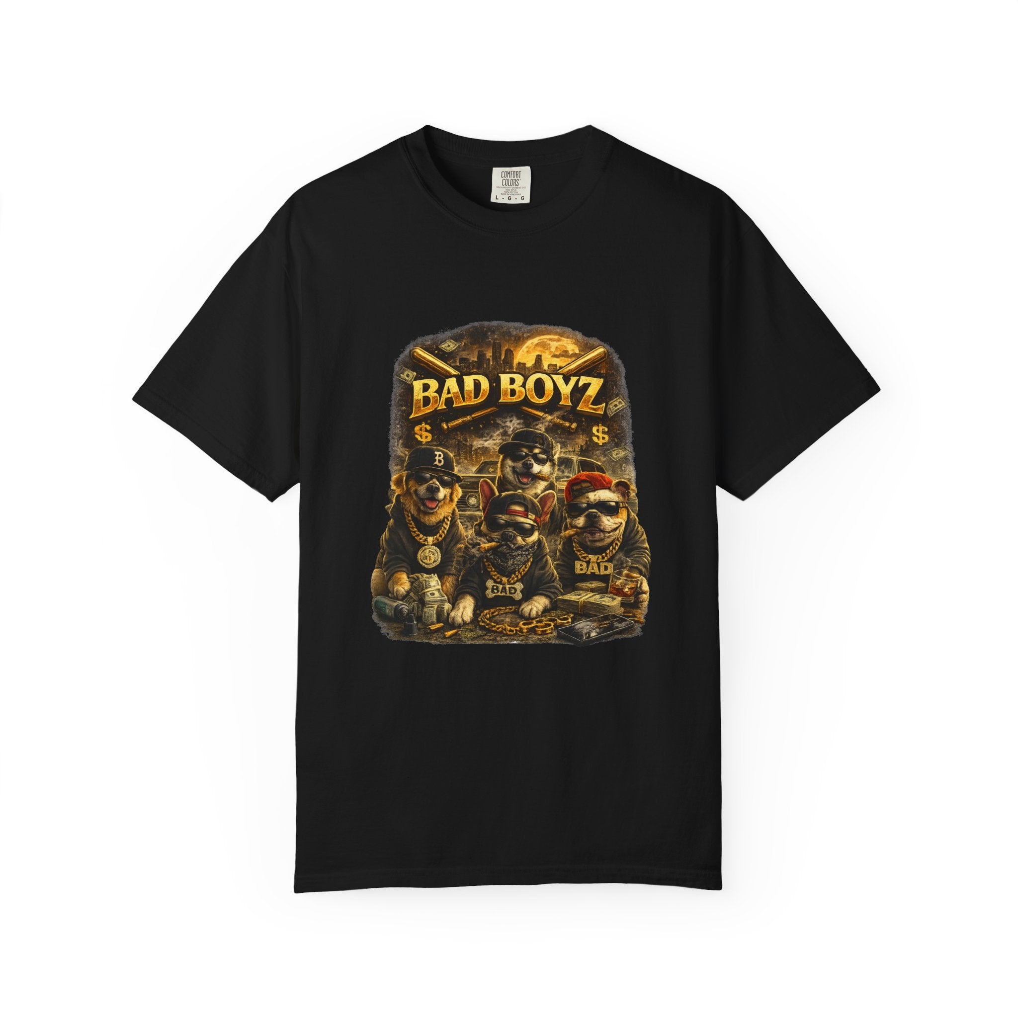 Bad Boyz Funny  Dog  Graphic T-Shirt — Retro Hip-Hop dog design |Hip Hop puppy streetwear| Uban Dog lover gift.