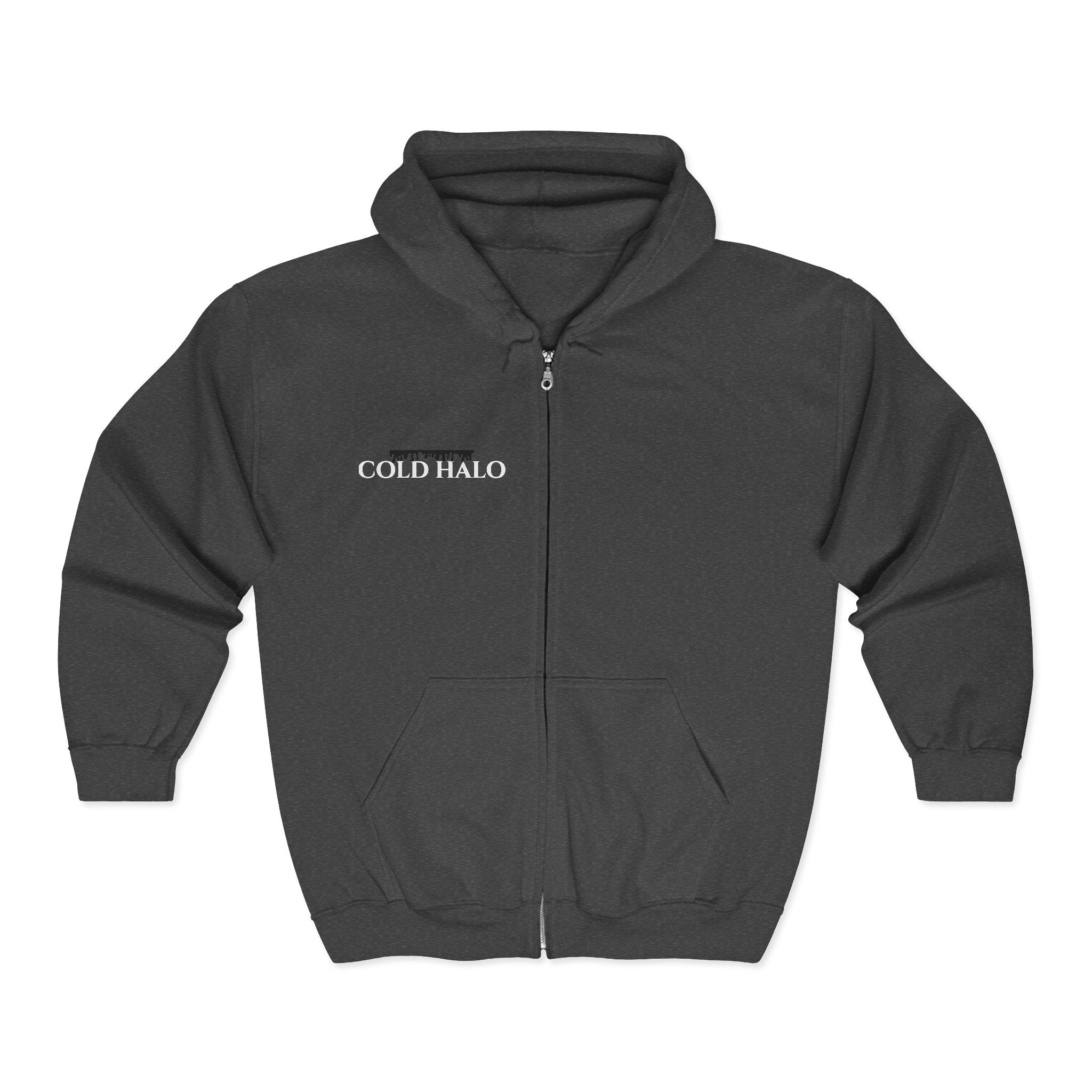 Cold Halo Zip Hoodie — Minimal Gothic Streetwear Full-Zip Sweatshirt