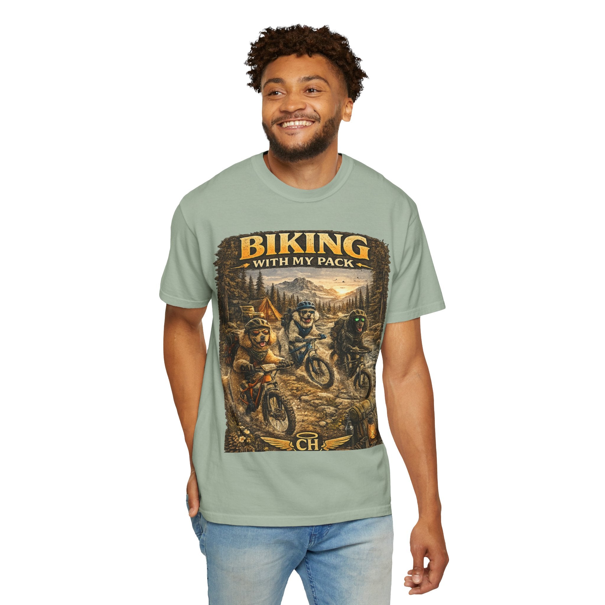 Biking With My Pack T-Shirt | Funny Dog Biking shirt| Adventure Dog Biking shirt| Adventure Dog Lover Tee| Mountain Bike Dog Dad gift