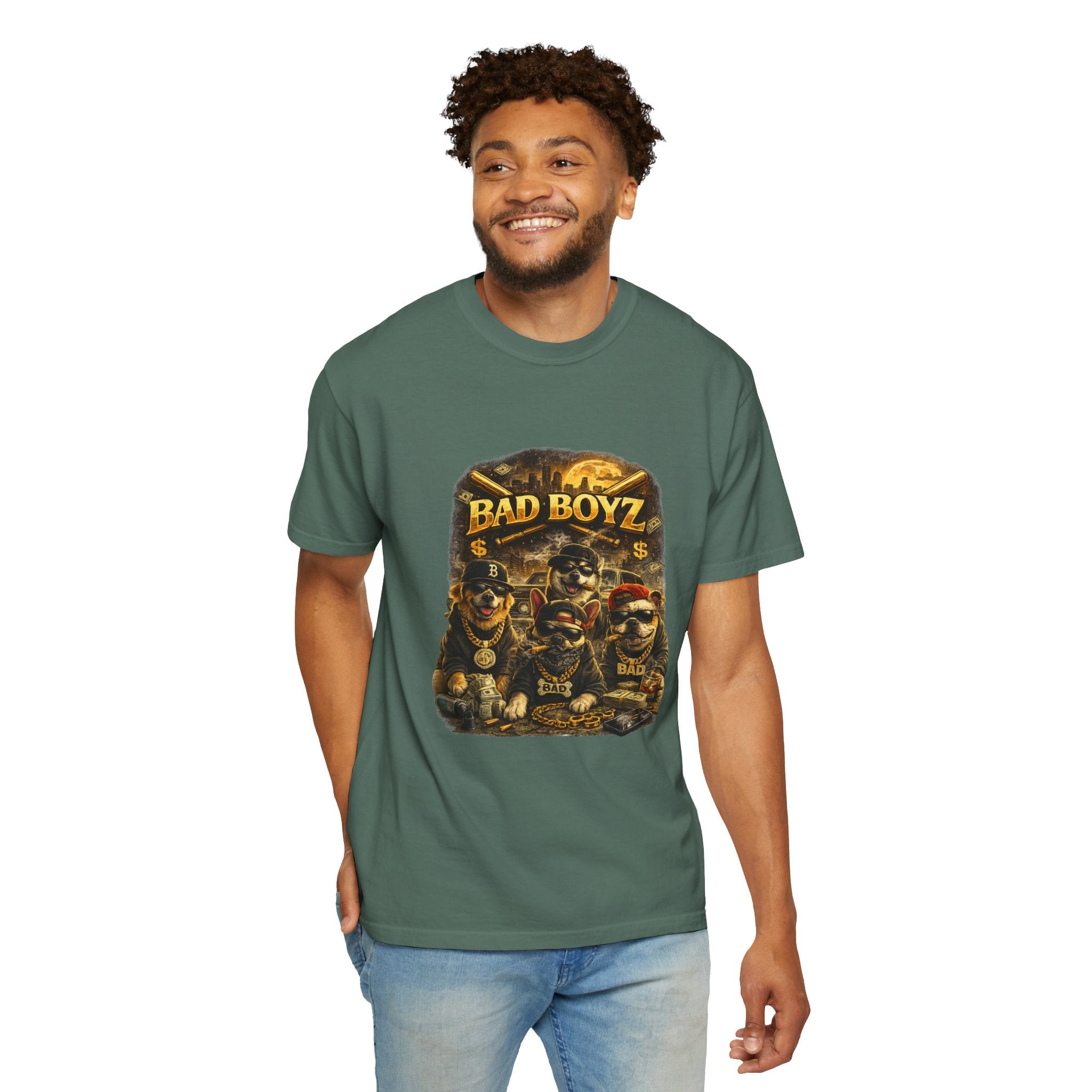 Bad Boyz Funny  Dog  Graphic T-Shirt — Retro Hip-Hop dog design |Hip Hop puppy streetwear| Uban Dog lover gift.
