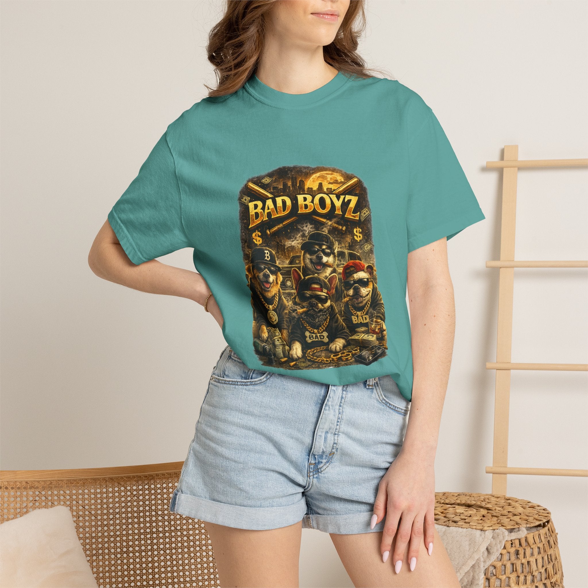 Bad Boyz Funny  Dog  Graphic T-Shirt — Retro Hip-Hop dog design |Hip Hop puppy streetwear| Uban Dog lover gift.