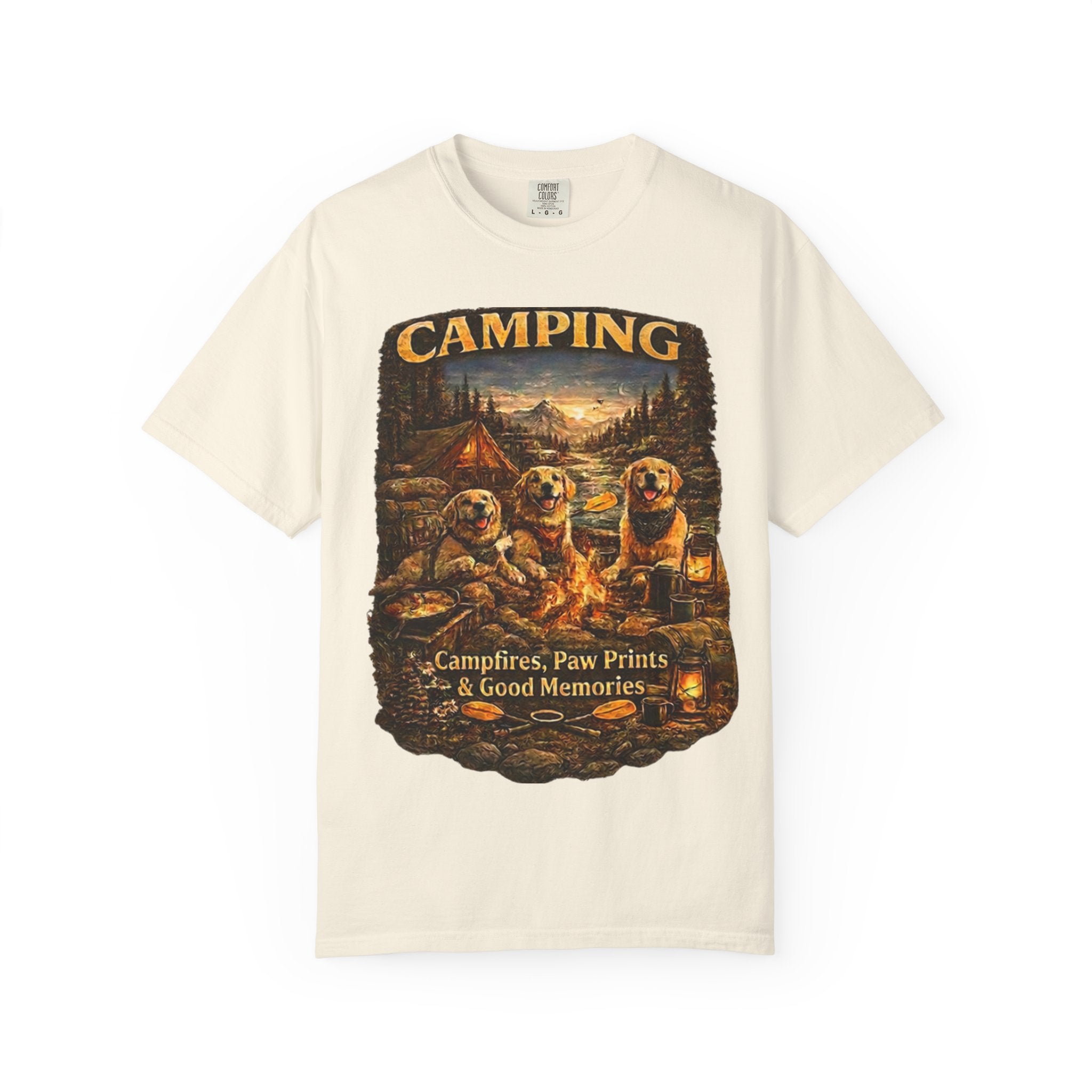Camping With My Pack T-Shirt| Golden Retriever Camping Dog shirt | Campfires paw prints & Good memories Tee| Dog Lover outdoor
