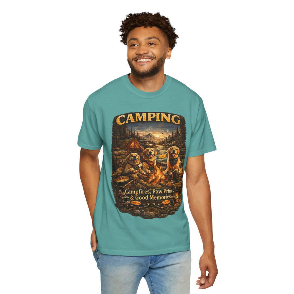 Camping With My Pack T-Shirt| Golden Retriever Camping Dog shirt | Campfires paw prints & Good memories Tee| Dog Lover outdoor