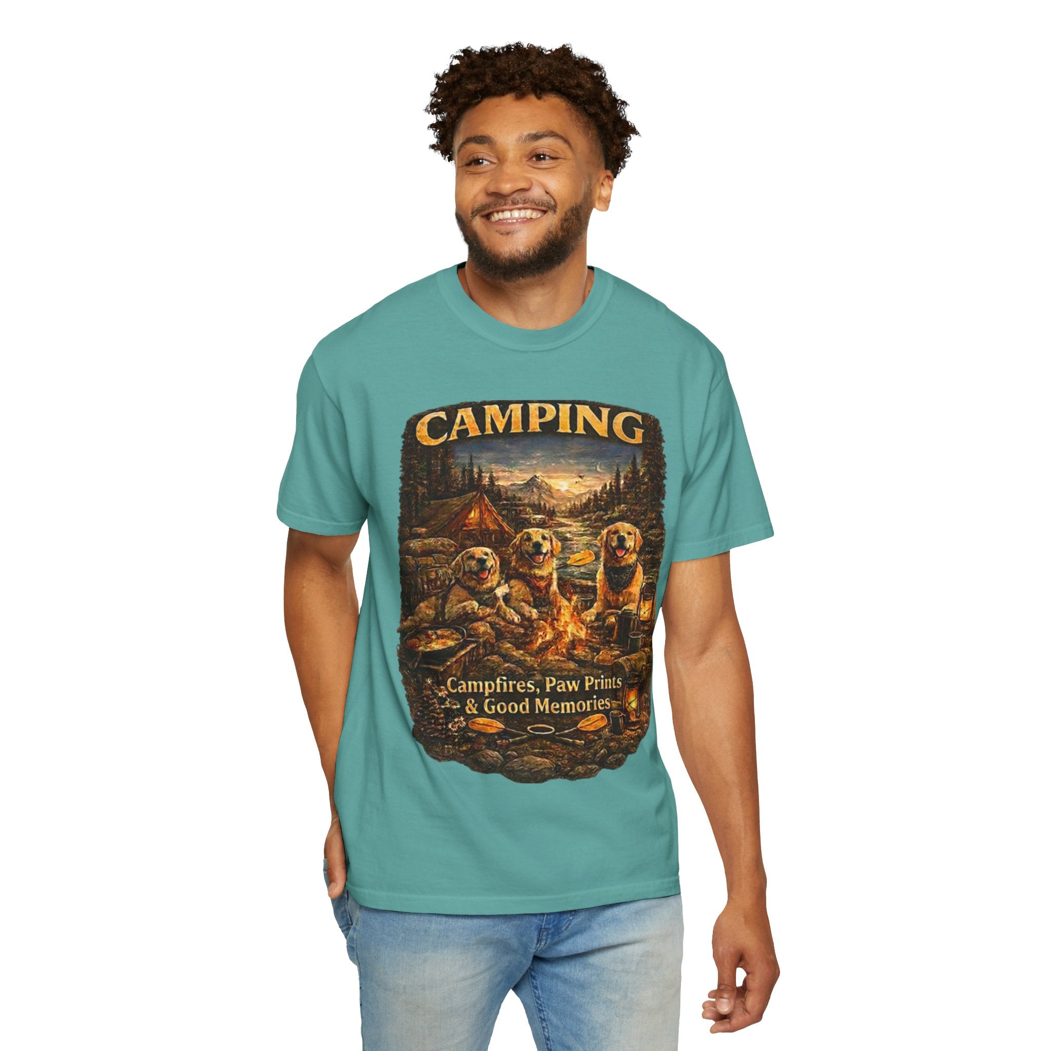 Camping With My Pack T-Shirt| Golden Retriever Camping Dog shirt | Campfires paw prints & Good memories Tee| Dog Lover outdoor