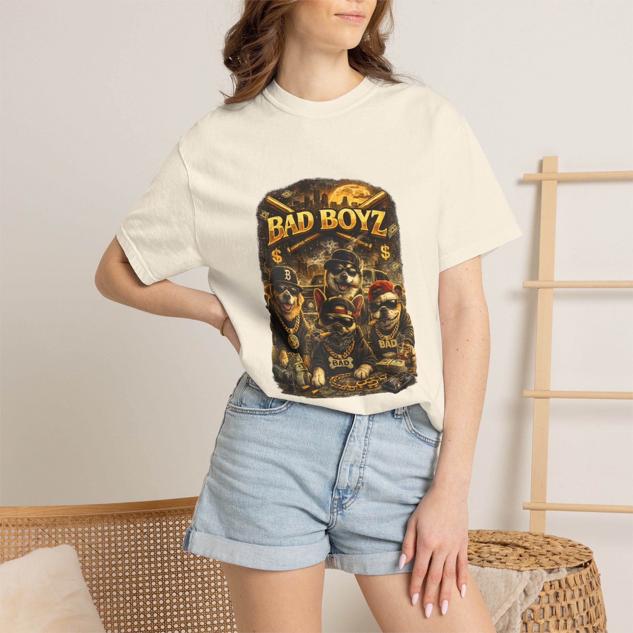 Bad Boyz Funny  Dog  Graphic T-Shirt — Retro Hip-Hop dog design |Hip Hop puppy streetwear| Uban Dog lover gift.