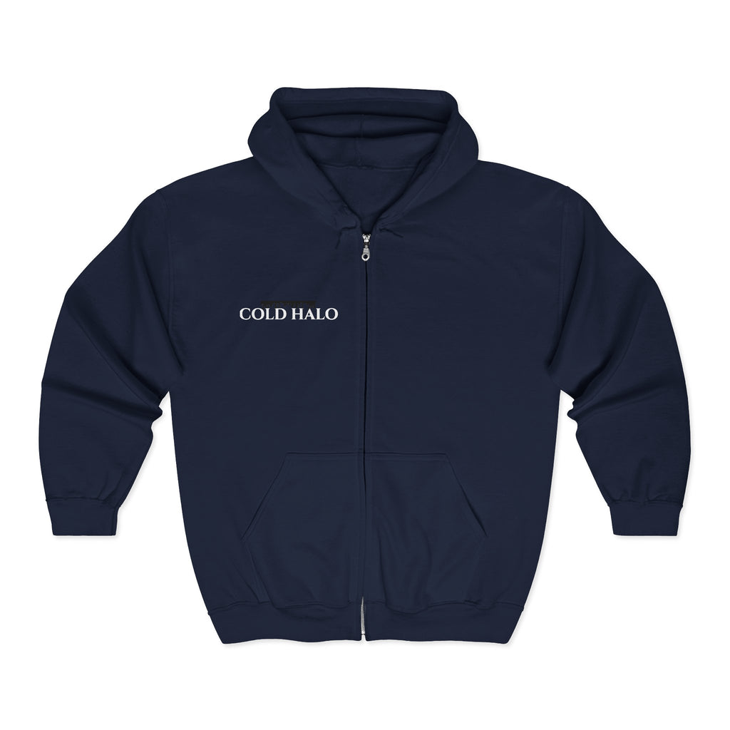 Cold Halo Zip Hoodie — Minimal Gothic Streetwear Full-Zip Sweatshirt
