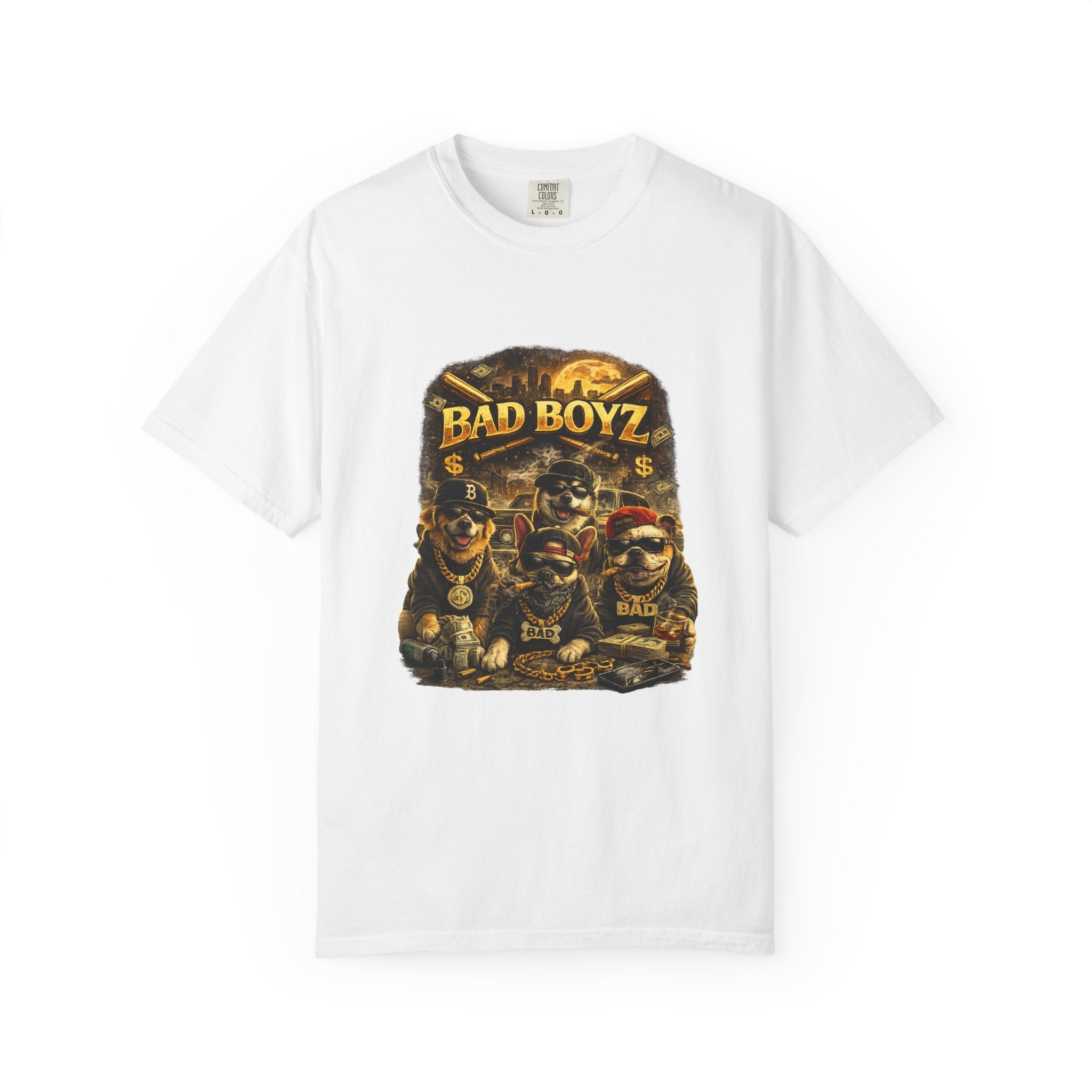 Bad Boyz Funny  Dog  Graphic T-Shirt — Retro Hip-Hop dog design |Hip Hop puppy streetwear| Uban Dog lover gift.
