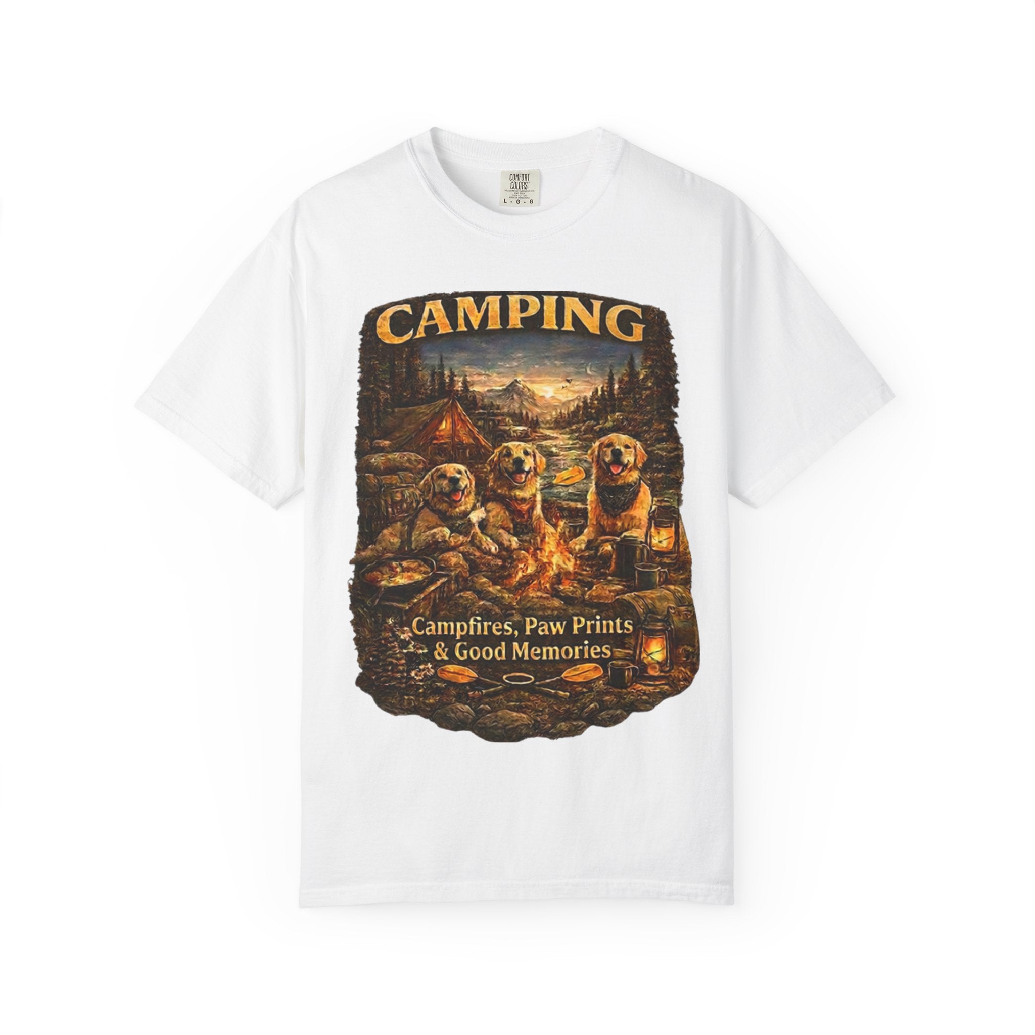Camping With My Pack T-Shirt| Golden Retriever Camping Dog shirt | Campfires paw prints & Good memories Tee| Dog Lover outdoor