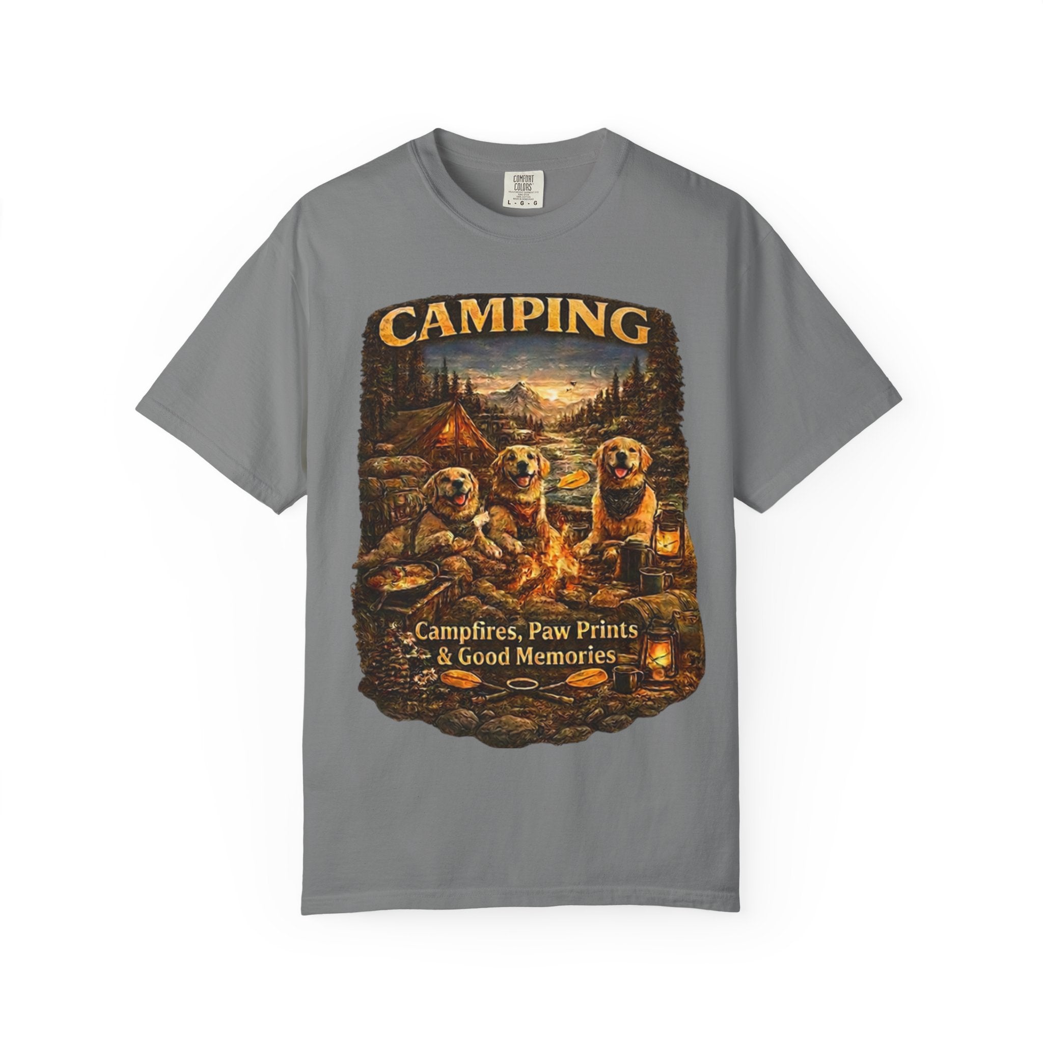 Camping With My Pack T-Shirt| Golden Retriever Camping Dog shirt | Campfires paw prints & Good memories Tee| Dog Lover outdoor