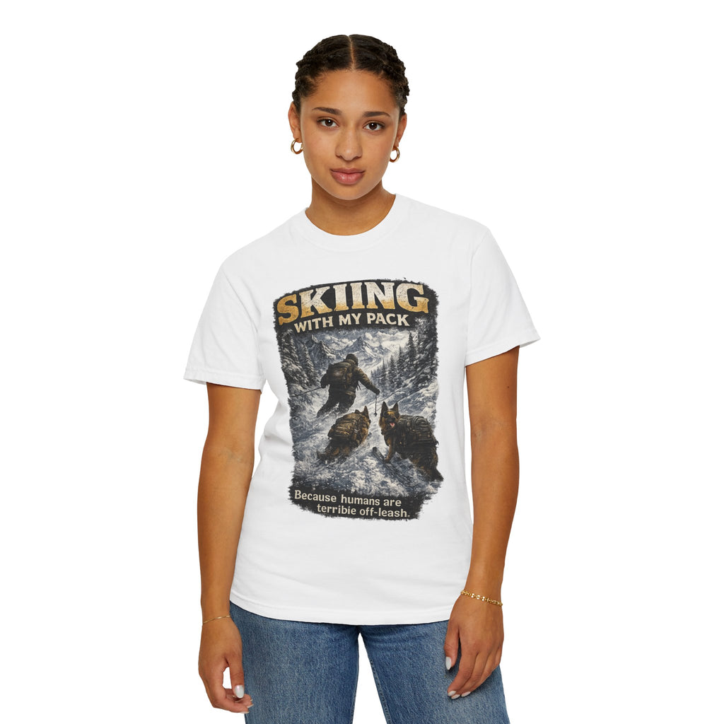 Cold Halo Skiing with My Pack T-Shirt| funny Dog lover ski Tee| Adventure Dog graphic shirt.