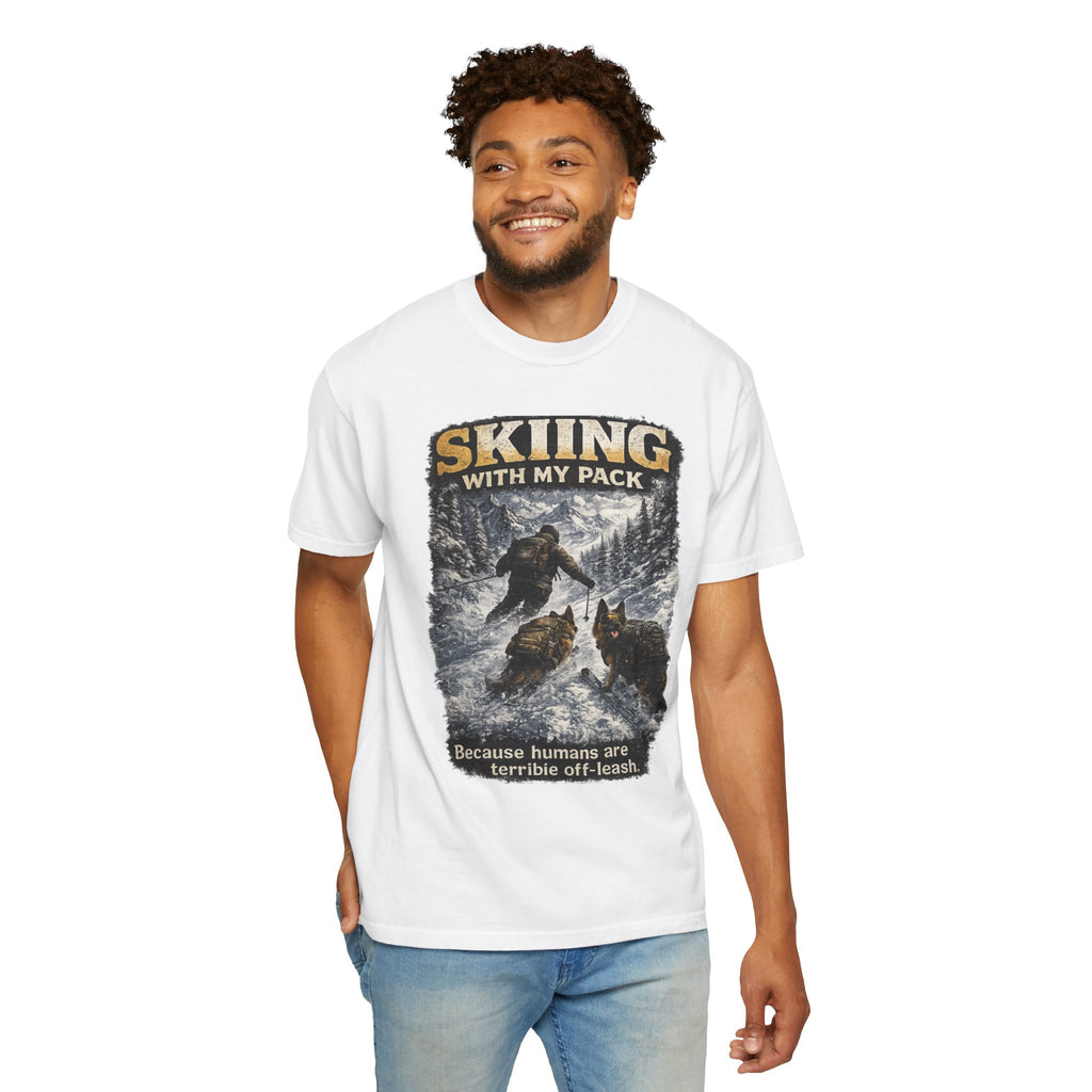 Cold Halo Skiing with My Pack T-Shirt| funny Dog lover ski Tee| Adventure Dog graphic shirt.