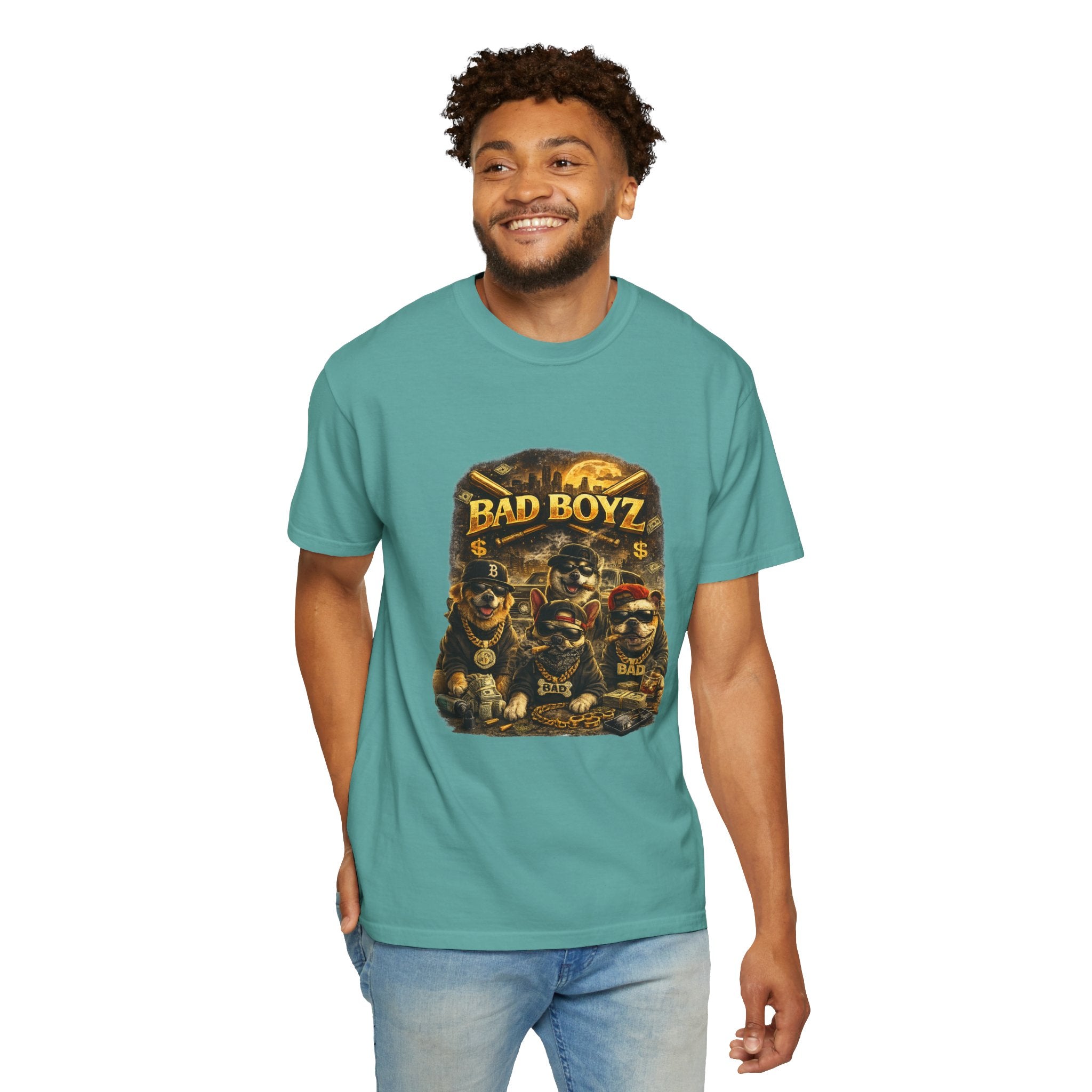 Bad Boyz Funny  Dog  Graphic T-Shirt — Retro Hip-Hop dog design |Hip Hop puppy streetwear| Uban Dog lover gift.
