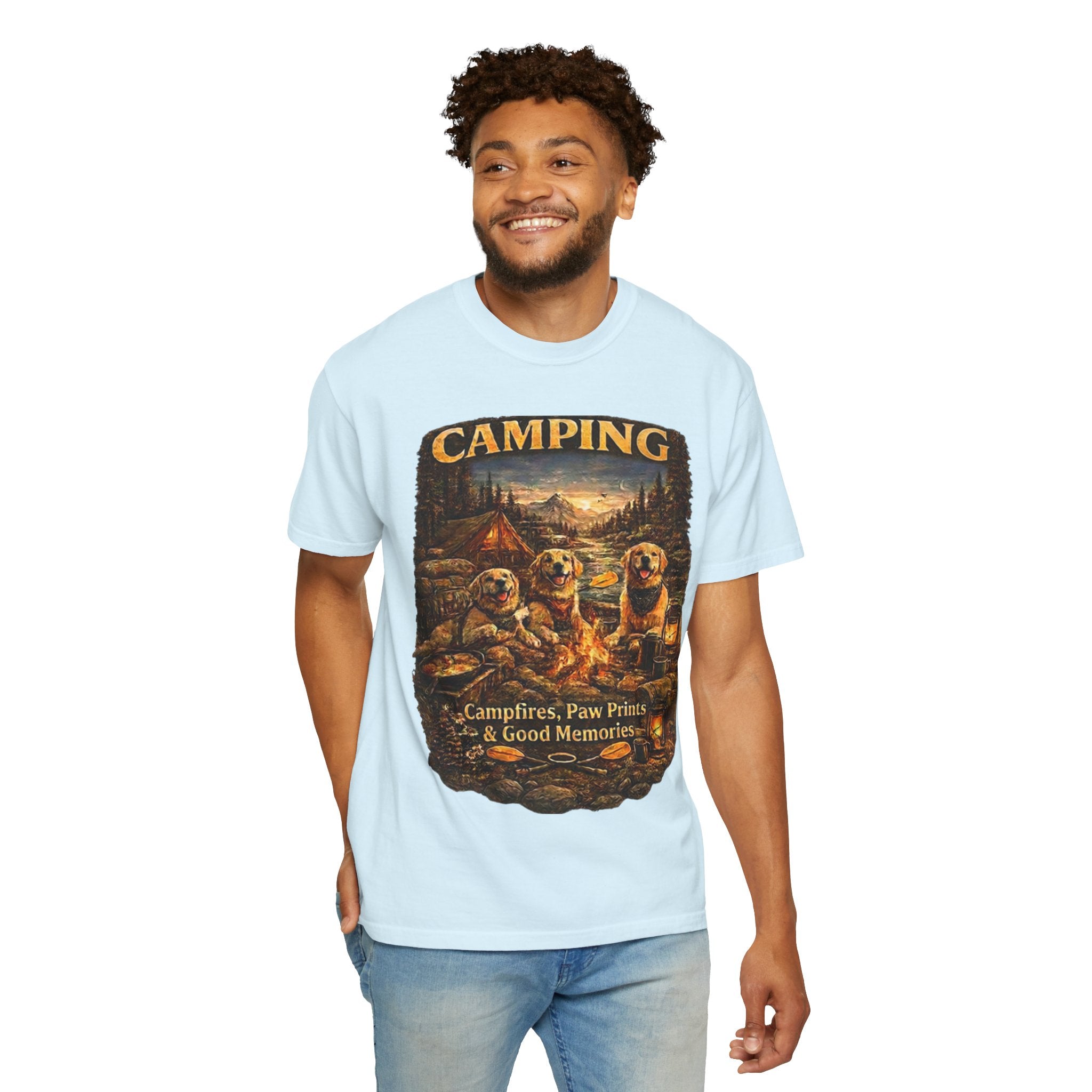 Camping With My Pack T-Shirt| Golden Retriever Camping Dog shirt | Campfires paw prints & Good memories Tee| Dog Lover outdoor
