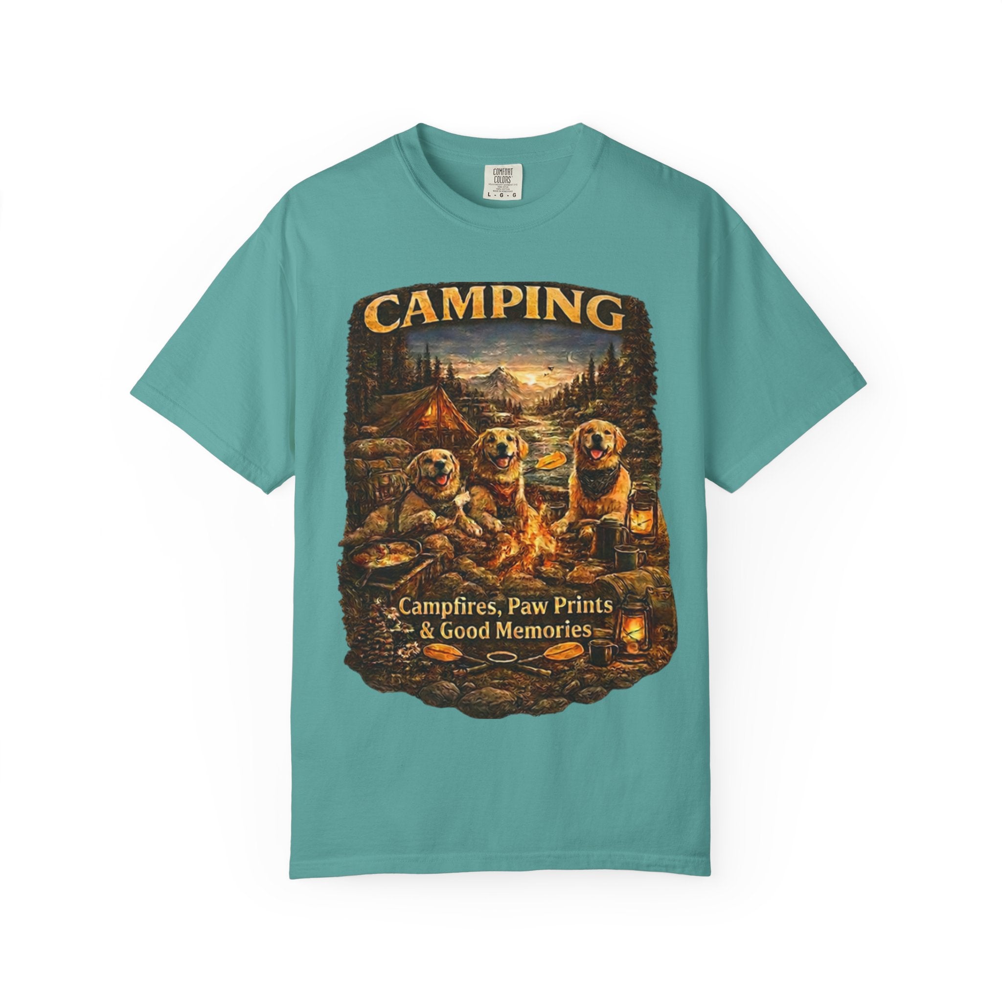 Camping With My Pack T-Shirt| Golden Retriever Camping Dog shirt | Campfires paw prints & Good memories Tee| Dog Lover outdoor