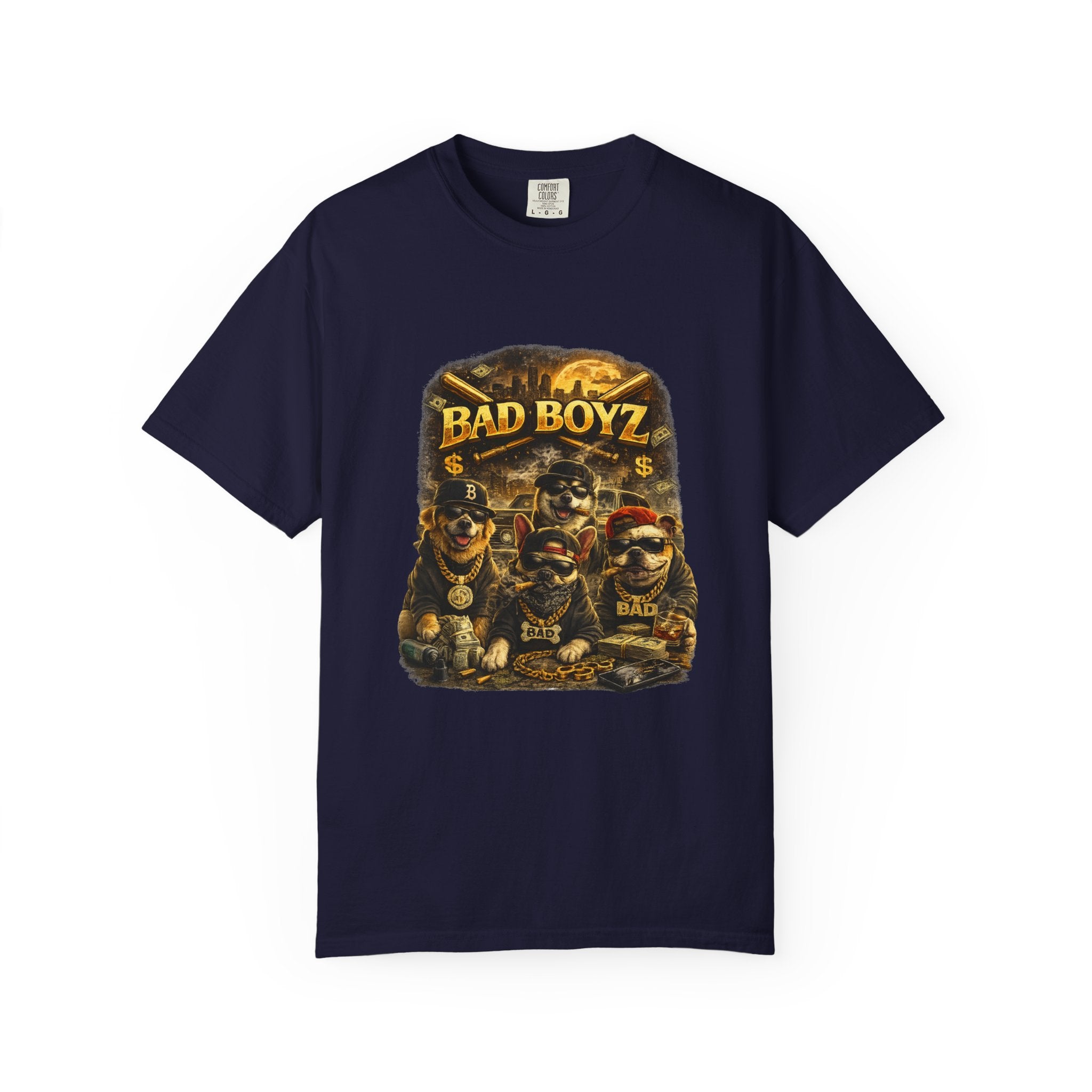 Bad Boyz Funny  Dog  Graphic T-Shirt — Retro Hip-Hop dog design |Hip Hop puppy streetwear| Uban Dog lover gift.
